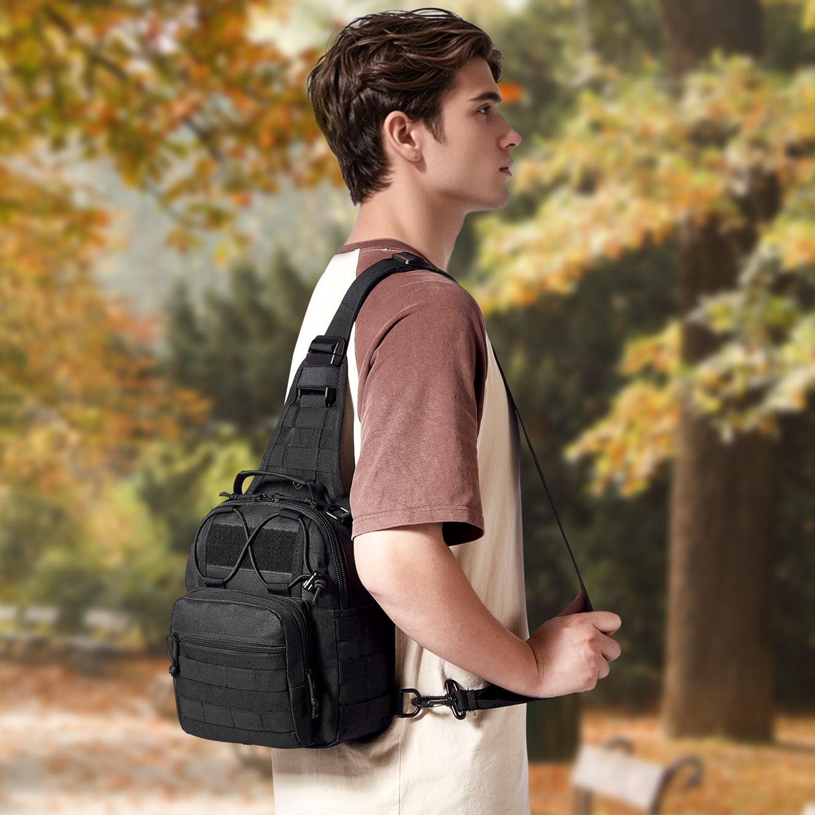 10L Military Tactical Sling Bag with MOLLE, Multi-Pocket Shoulder Backpack for Camping, Hiking, EDC - Lightweight, Durable, Black 600D Polyester