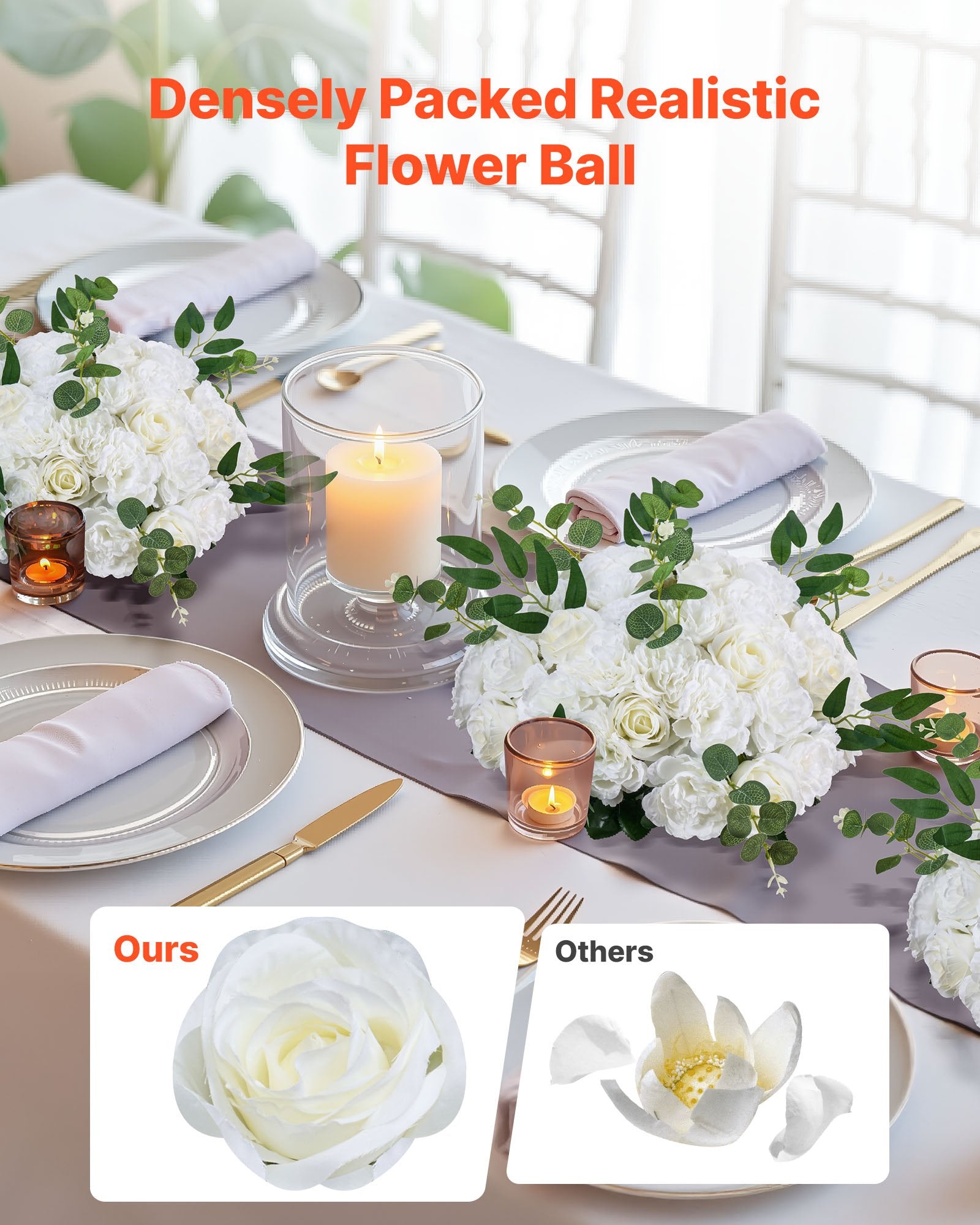 10 PCS 17.7-Inch Lush White Rose Flower Balls - Premium Artificial Centerpieces for Wedding & Home Decor, Quick Fluff Restoration