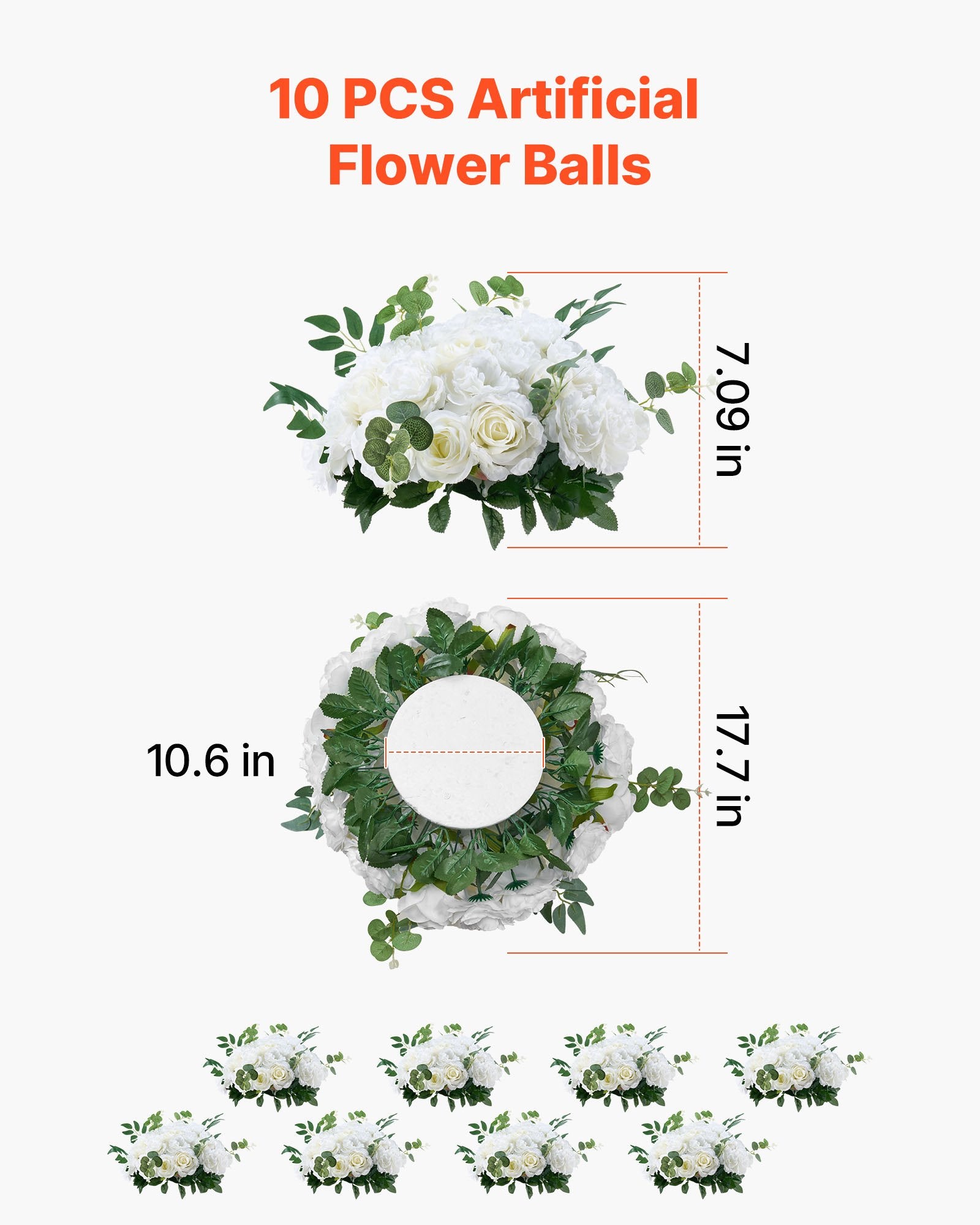 10 PCS 17.7-Inch Lush White Rose Flower Balls - Premium Artificial Centerpieces for Wedding & Home Decor, Quick Fluff Restoration