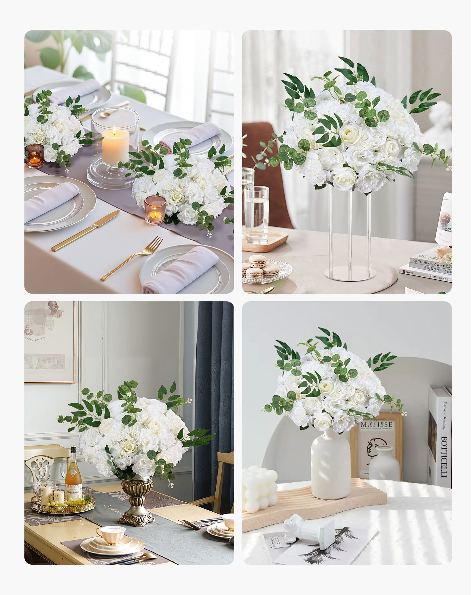 10 PCS 17.7-Inch Lush White Rose Flower Balls - Premium Artificial Centerpieces for Wedding & Home Decor, Quick Fluff Restoration