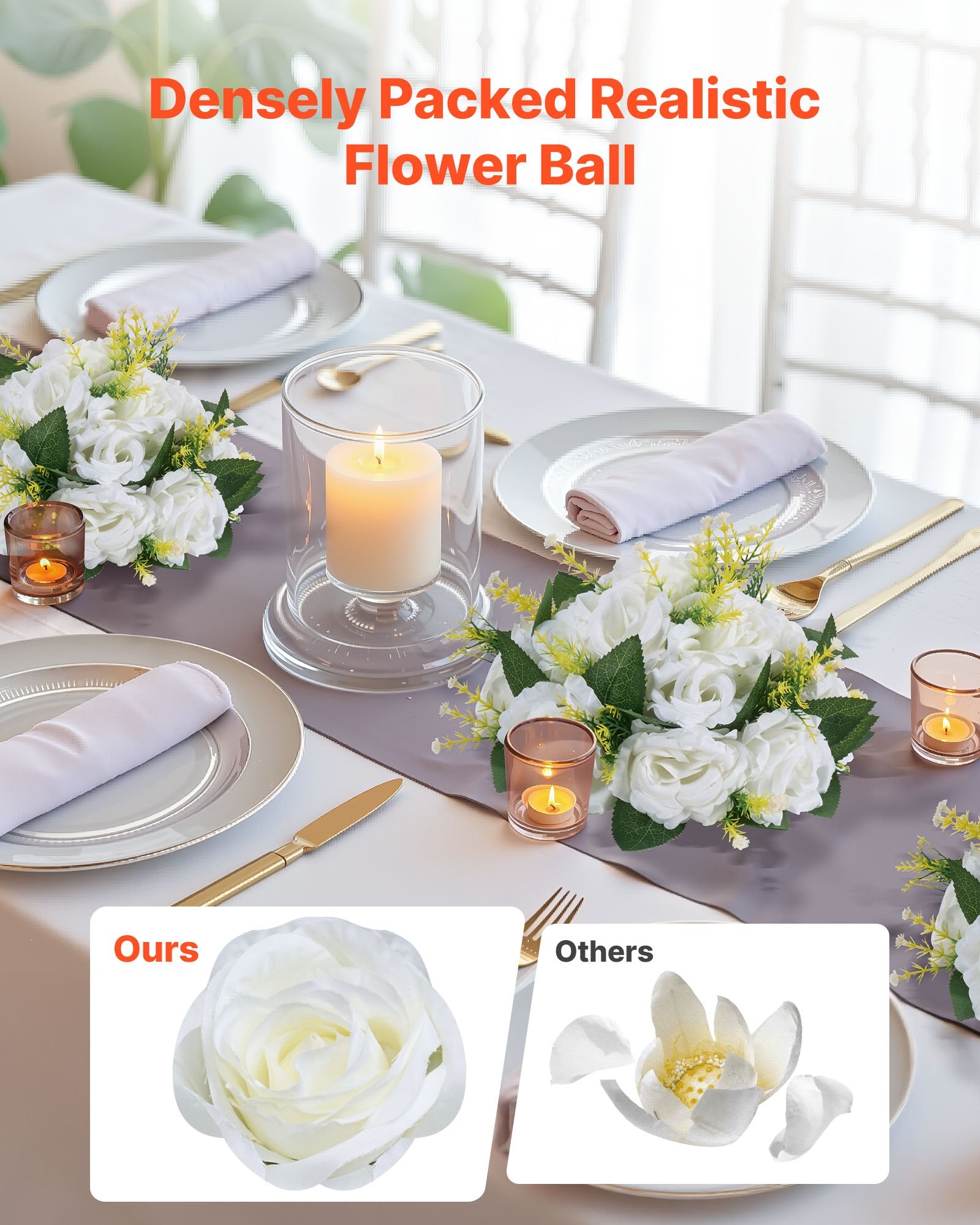Elegant 10 PCS 9.5-Inch White Artificial Flower Balls for Wedding Rose Centerpieces, Home Table Decor & Faux Floral Arrangements