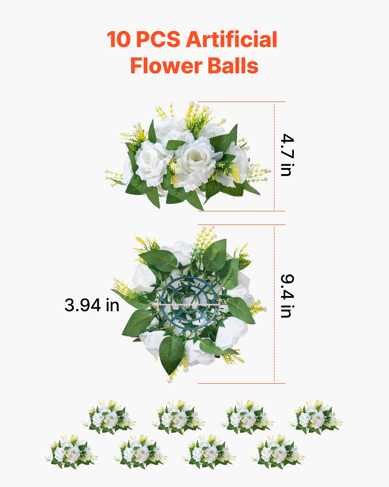 Elegant 10 PCS 9.5-Inch White Artificial Flower Balls for Wedding Rose Centerpieces, Home Table Decor & Faux Floral Arrangements