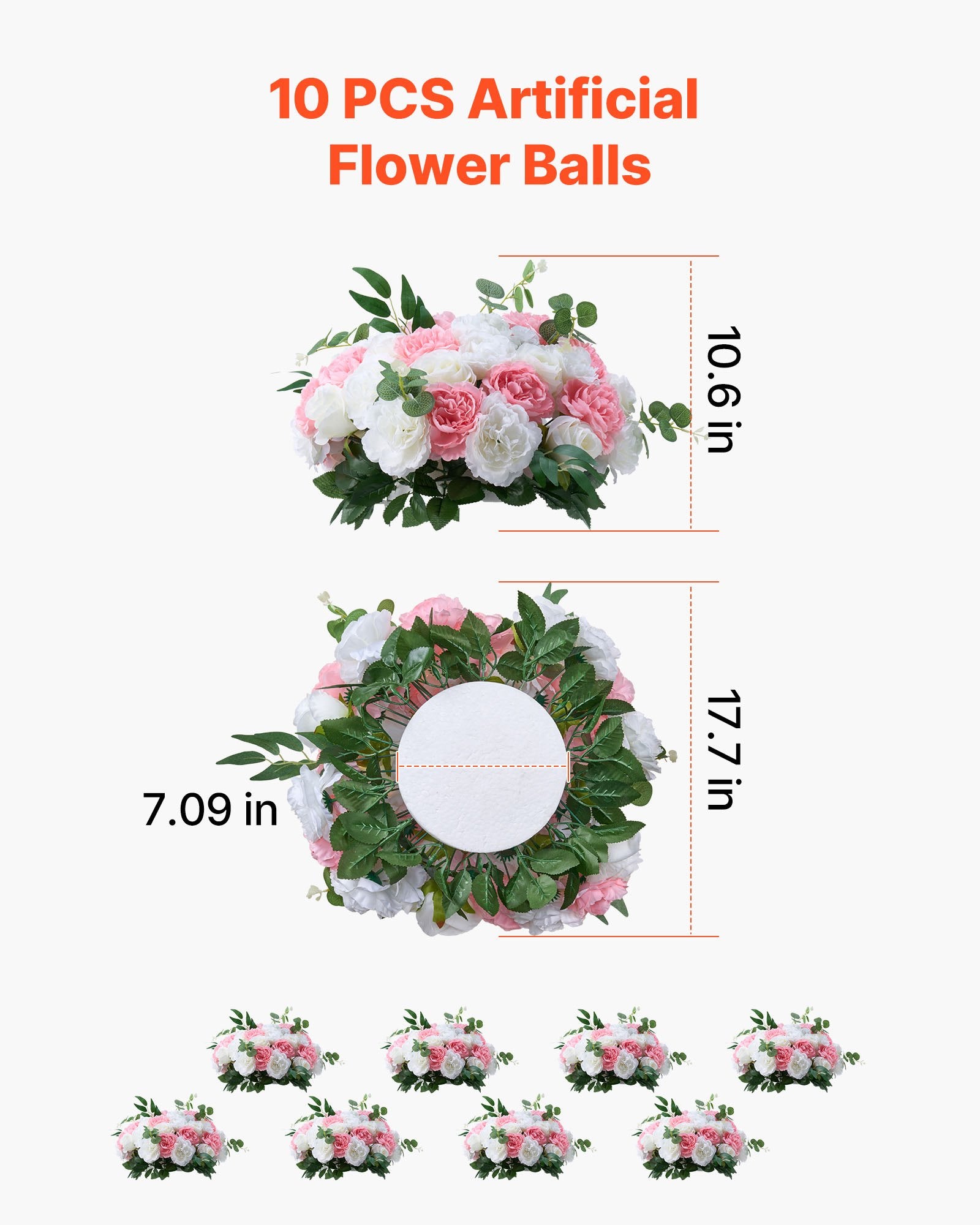 Elegant Pink and White Rose Flower Ball Centerpieces - 10 PCS, 17.7-Inch for Weddings, Events, and Home Décor with Premium Silk Petals