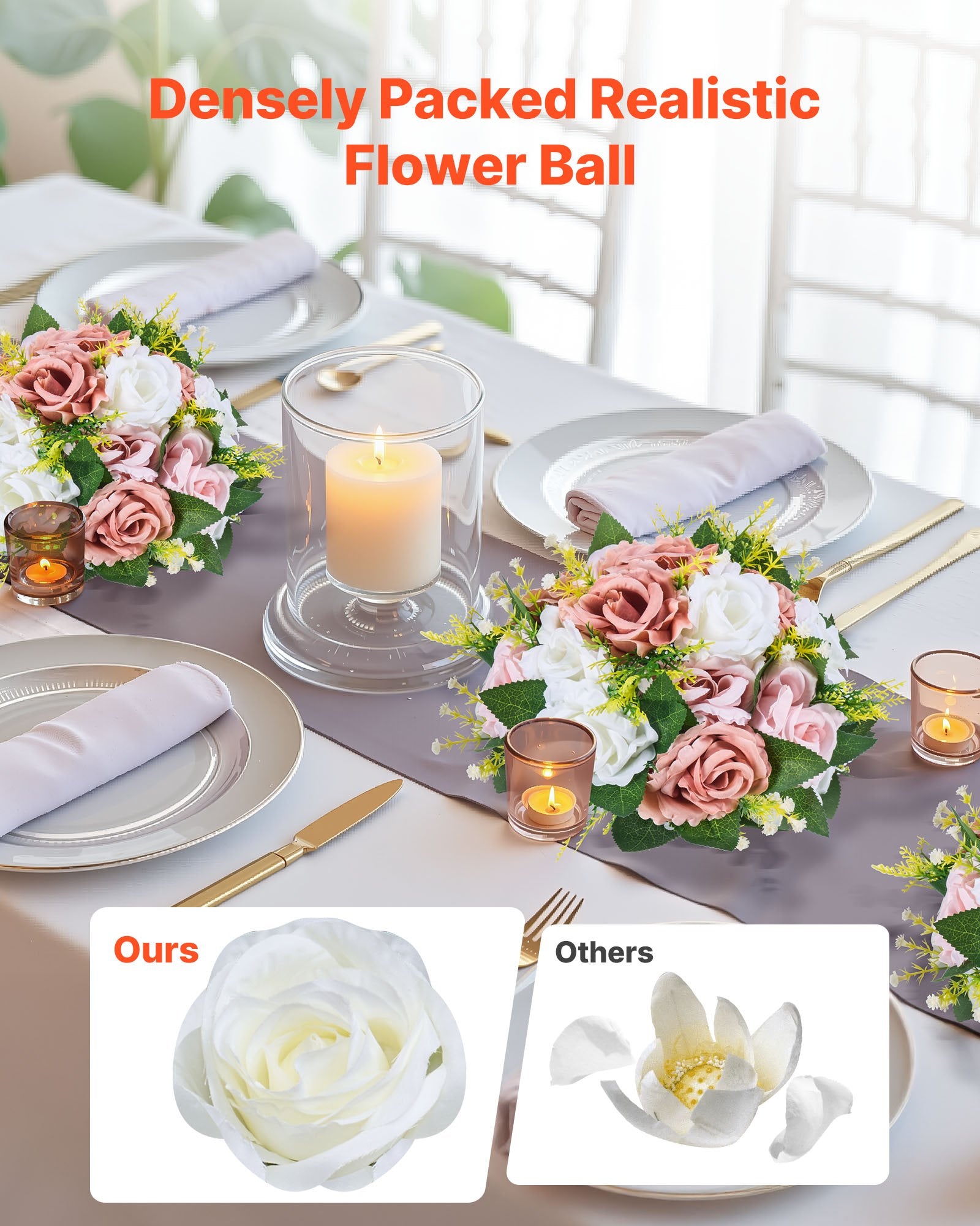 10PCS 9.5-Inch Artificial Flower Ball Centerpieces, Pink & White Silk Rose Arrangements for Weddings, Home Decor, Events