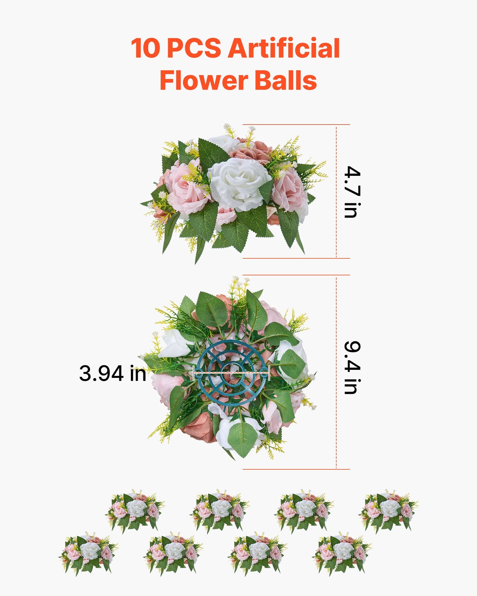 10PCS 9.5-Inch Artificial Flower Ball Centerpieces, Pink & White Silk Rose Arrangements for Weddings, Home Decor, Events