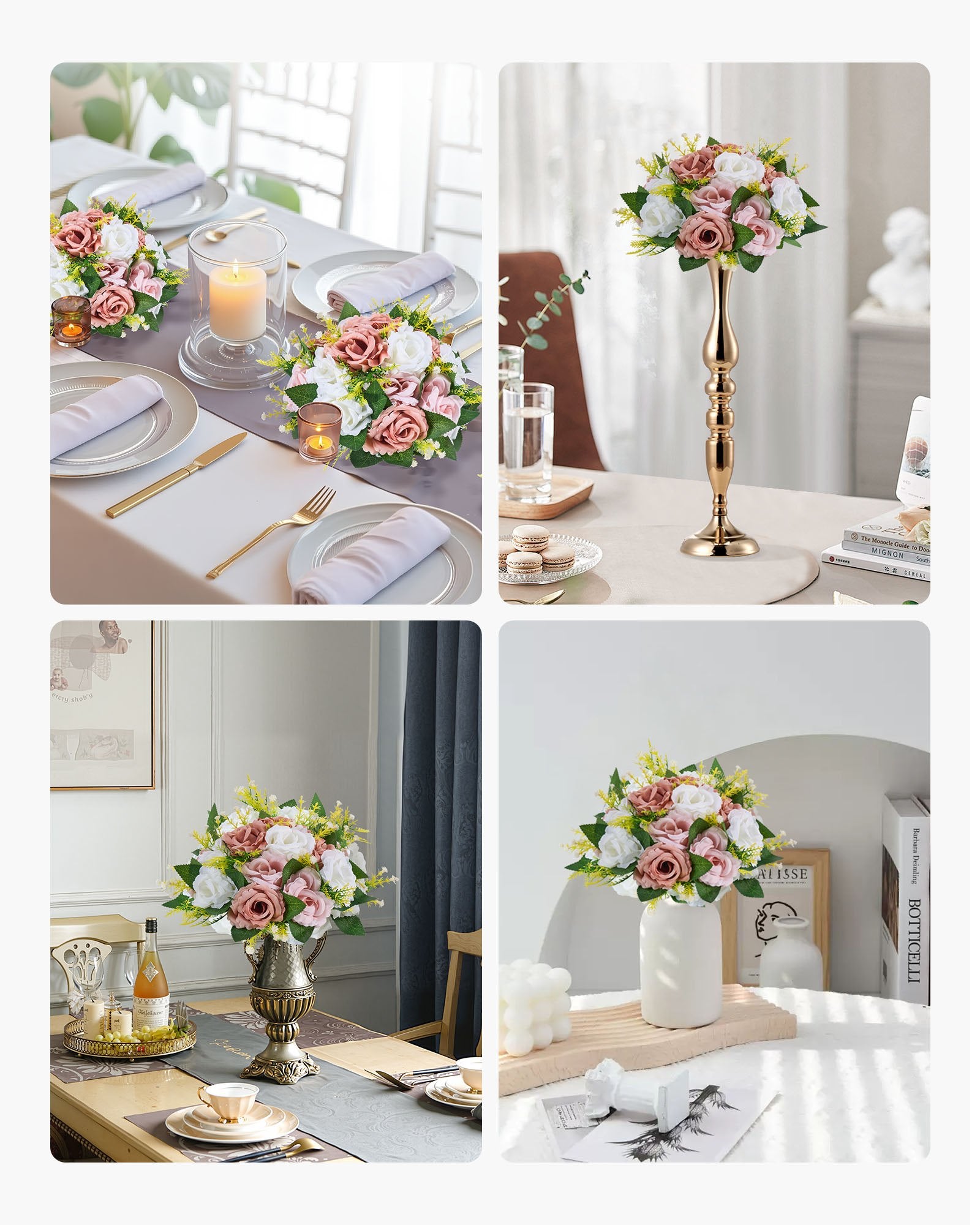 10PCS 9.5-Inch Artificial Flower Ball Centerpieces, Pink & White Silk Rose Arrangements for Weddings, Home Decor, Events
