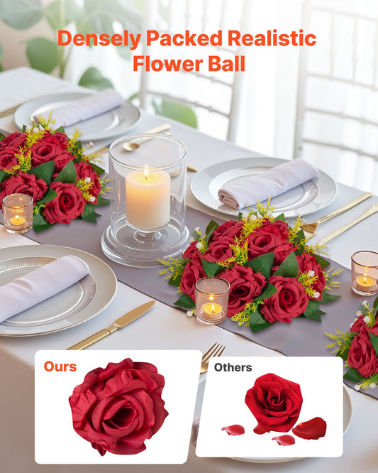 Luxurious 10 PCS Red Rose Flower Balls for Weddings, Home & Party Decor - 9.5" Artificial Floral Centerpieces & Kissing Balls