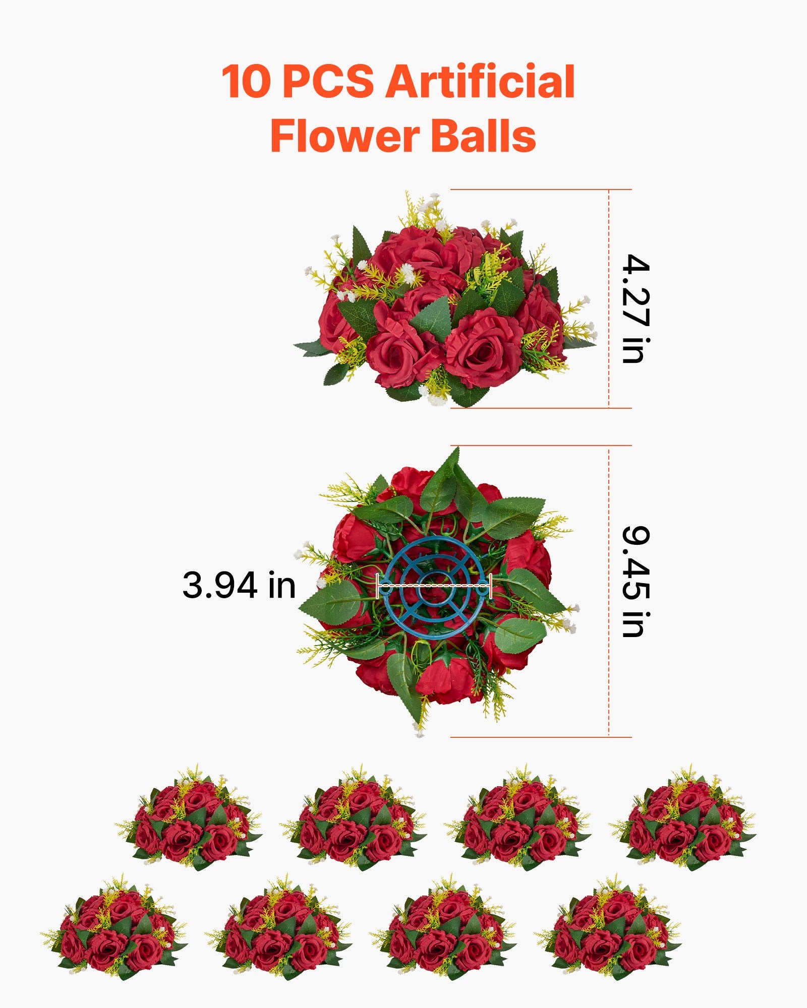 Luxurious 10 PCS Red Rose Flower Balls for Weddings, Home & Party Decor - 9.5" Artificial Floral Centerpieces & Kissing Balls