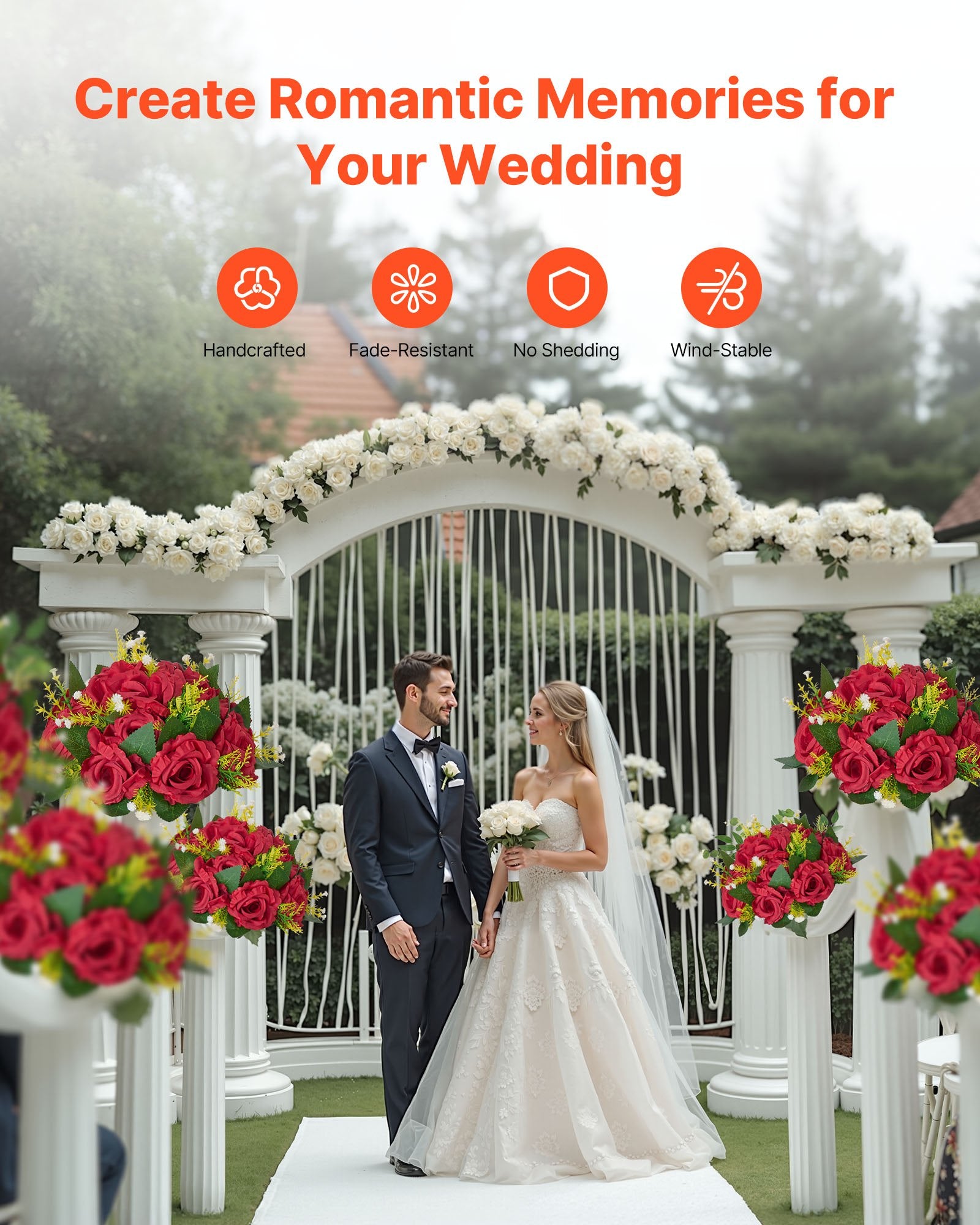 Luxurious 10 PCS Red Rose Flower Balls for Weddings, Home & Party Decor - 9.5" Artificial Floral Centerpieces & Kissing Balls