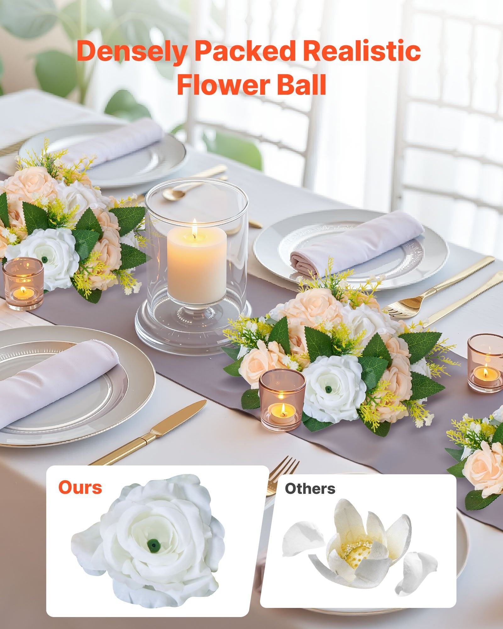 Elegant Artificial Flower Ball Bouquet - 10 PCS, 9.5-Inch Rose Centerpieces for Wedding & Home Décor, Champagne & White Silk Petals