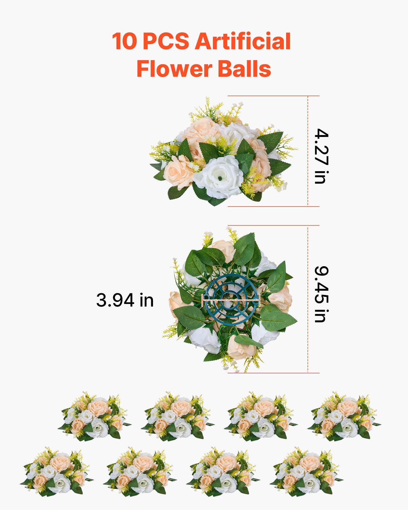 Elegant Artificial Flower Ball Bouquet - 10 PCS, 9.5-Inch Rose Centerpieces for Wedding & Home Décor, Champagne & White Silk Petals