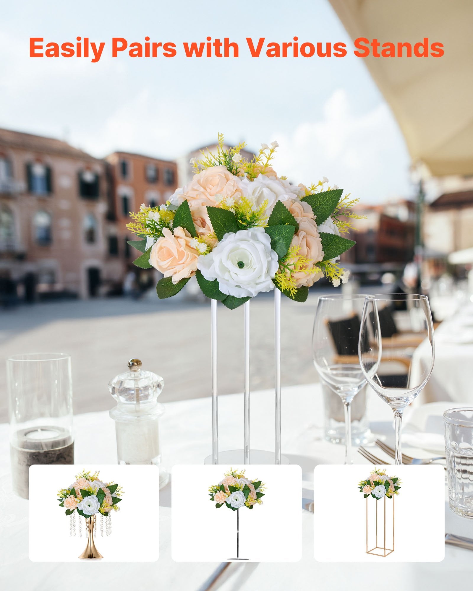 Elegant Artificial Flower Ball Bouquet - 10 PCS, 9.5-Inch Rose Centerpieces for Wedding & Home Décor, Champagne & White Silk Petals