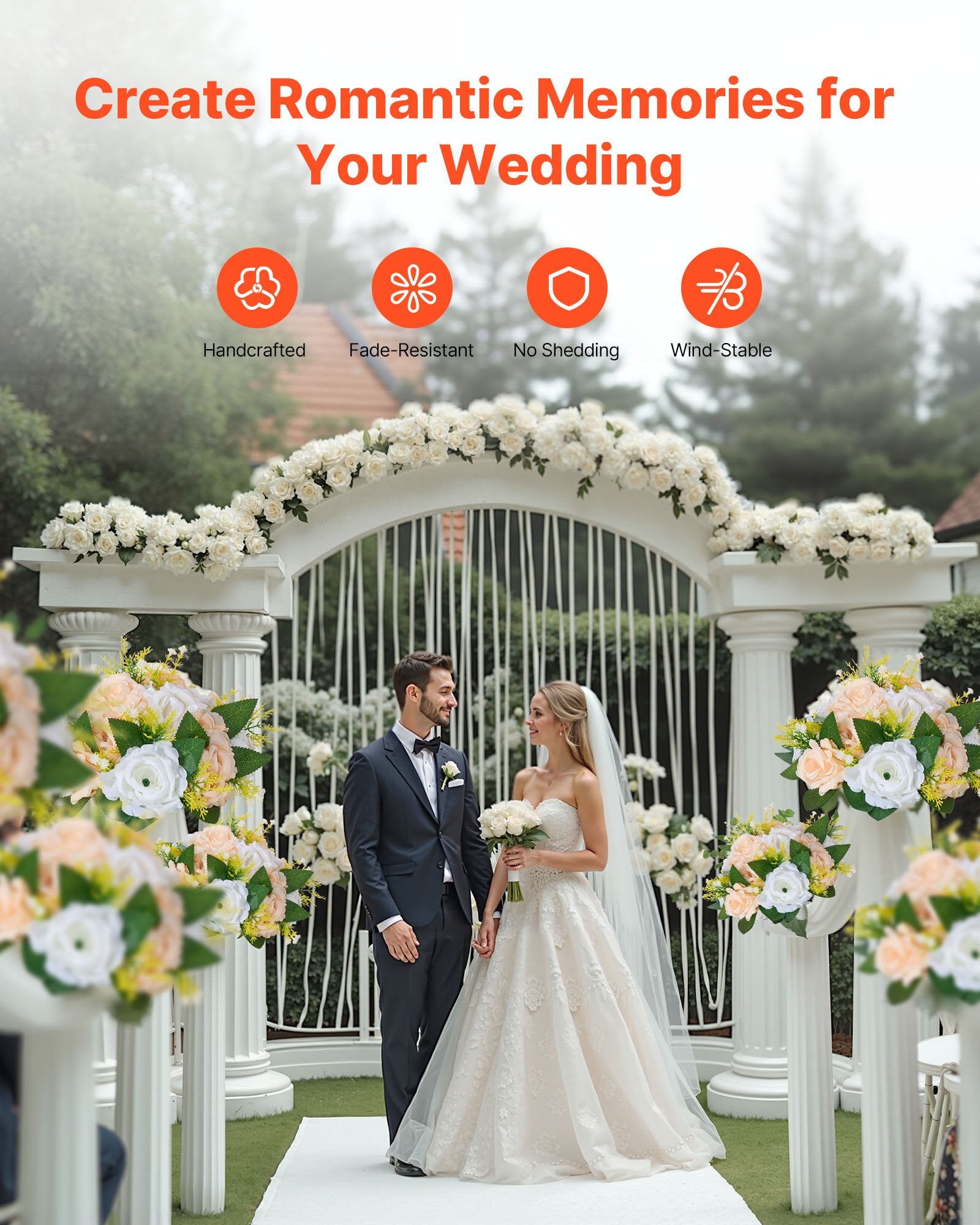 Elegant Artificial Flower Ball Bouquet - 10 PCS, 9.5-Inch Rose Centerpieces for Wedding & Home Décor, Champagne & White Silk Petals