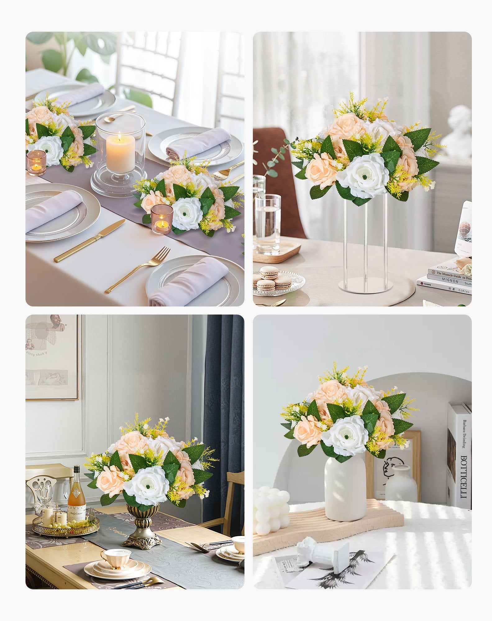 Elegant Artificial Flower Ball Bouquet - 10 PCS, 9.5-Inch Rose Centerpieces for Wedding & Home Décor, Champagne & White Silk Petals