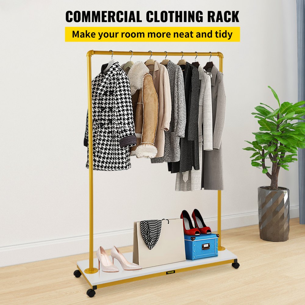 Heavy-Duty Gold Rolling Garment Rack with Bottom Shelf and Swivel Casters for Laundry Room or Boutique, 39.4"x14.2"x59.1"