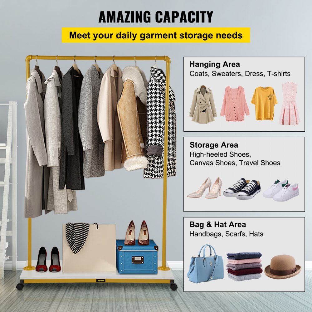 Heavy-Duty Gold Rolling Garment Rack with Bottom Shelf and Swivel Casters for Laundry Room or Boutique, 39.4"x14.2"x59.1"