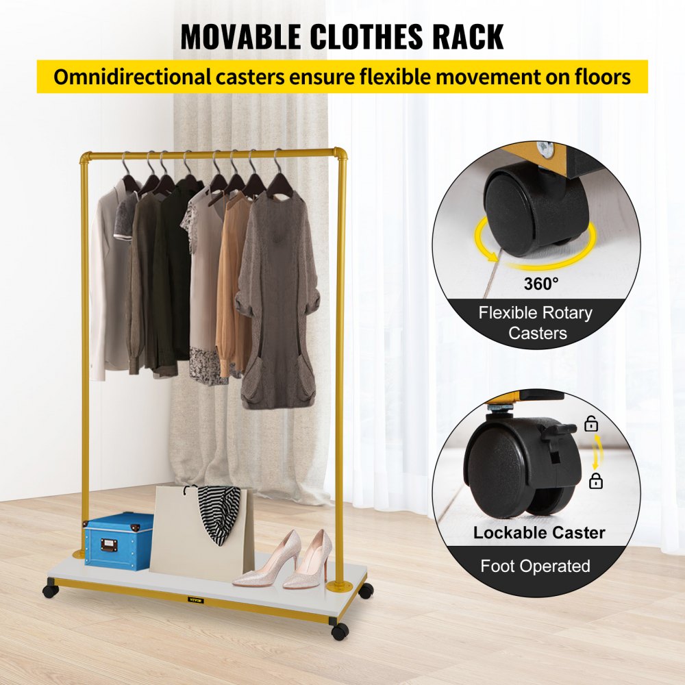 Heavy-Duty Gold Rolling Garment Rack with Bottom Shelf and Swivel Casters for Laundry Room or Boutique, 39.4"x14.2"x59.1"