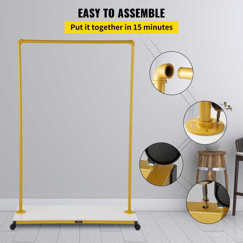 Heavy-Duty Gold Rolling Garment Rack with Bottom Shelf and Swivel Casters for Laundry Room or Boutique, 39.4"x14.2"x59.1"