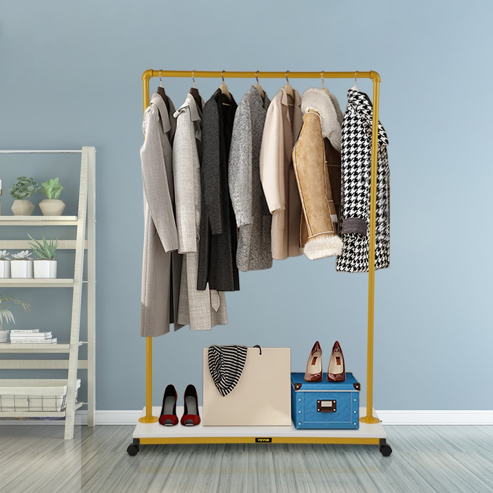 Heavy-Duty Gold Rolling Garment Rack with Bottom Shelf and Swivel Casters for Laundry Room or Boutique, 39.4"x14.2"x59.1"