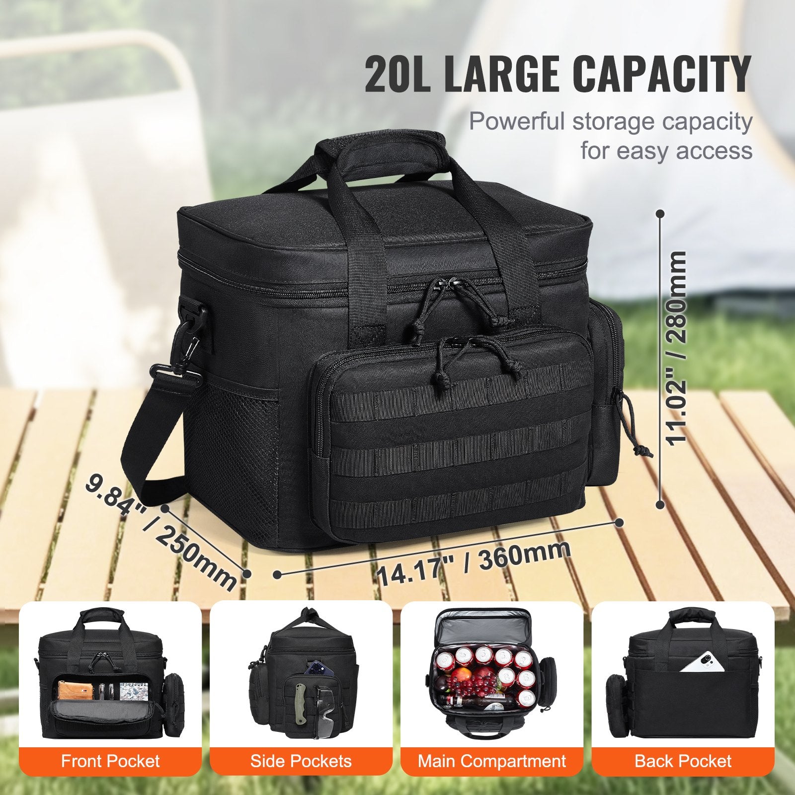 20L Tactical Cooler Bag with MOLLE System, Multi-Pocket Insulation, Removable Storage, Ideal for Office, Picnic, Hiking, Beach & More