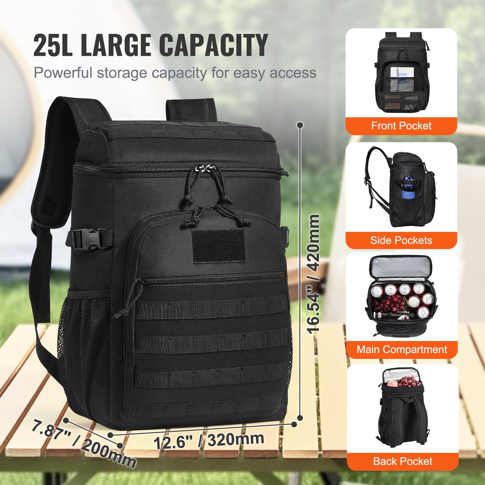 25L Tactical Cooler Bag with Molle Design, Multi-pocket, Waterproof Insulated Lunch Box for Office, Picnic, Hiking, Beach - Black