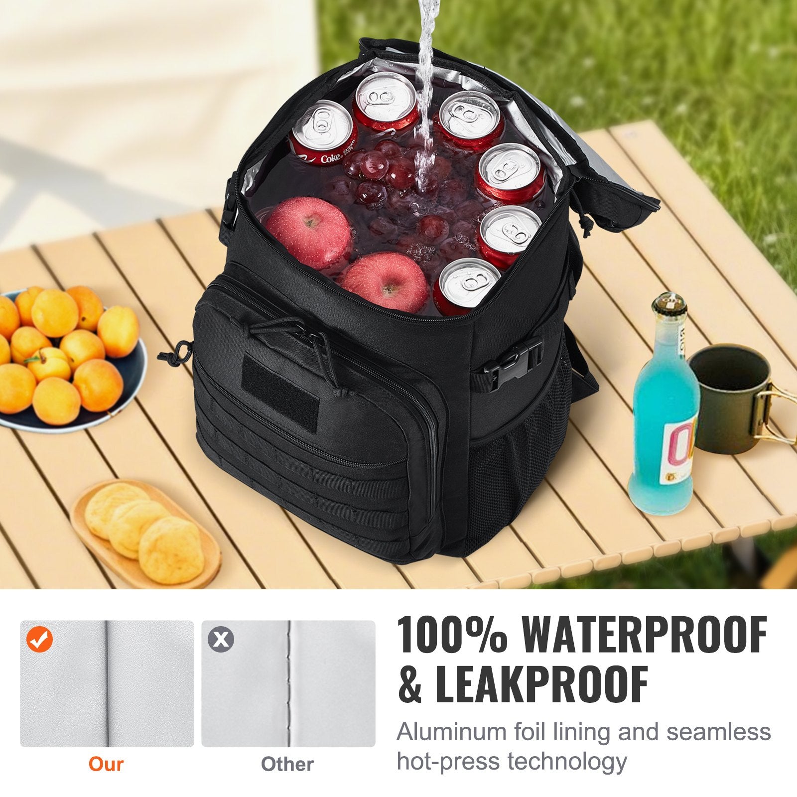 25L Tactical Cooler Bag with Molle Design, Multi-pocket, Waterproof Insulated Lunch Box for Office, Picnic, Hiking, Beach - Black