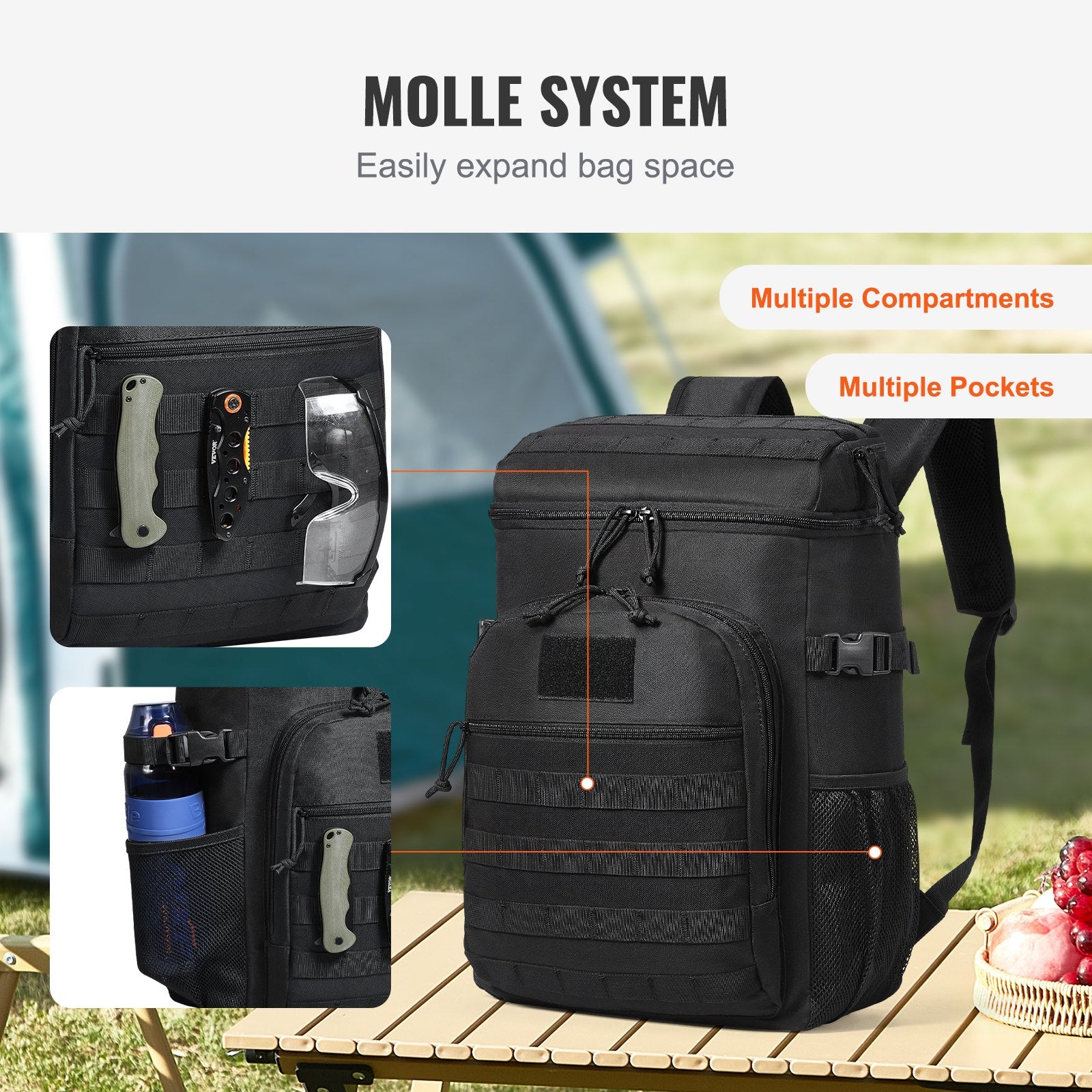 25L Tactical Cooler Bag with Molle Design, Multi-pocket, Waterproof Insulated Lunch Box for Office, Picnic, Hiking, Beach - Black