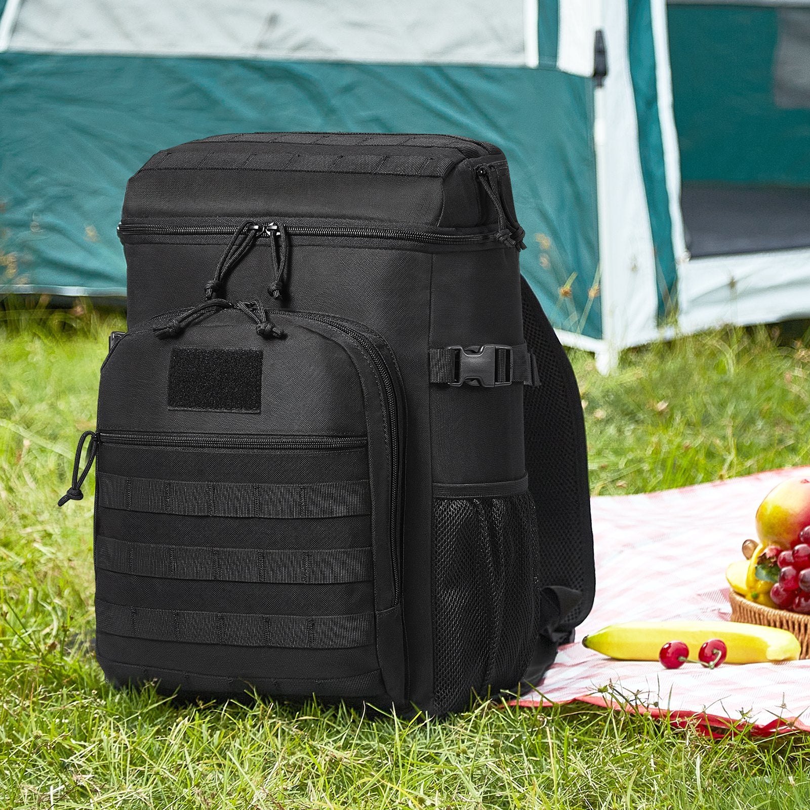 25L Tactical Cooler Bag with Molle Design, Multi-pocket, Waterproof Insulated Lunch Box for Office, Picnic, Hiking, Beach - Black