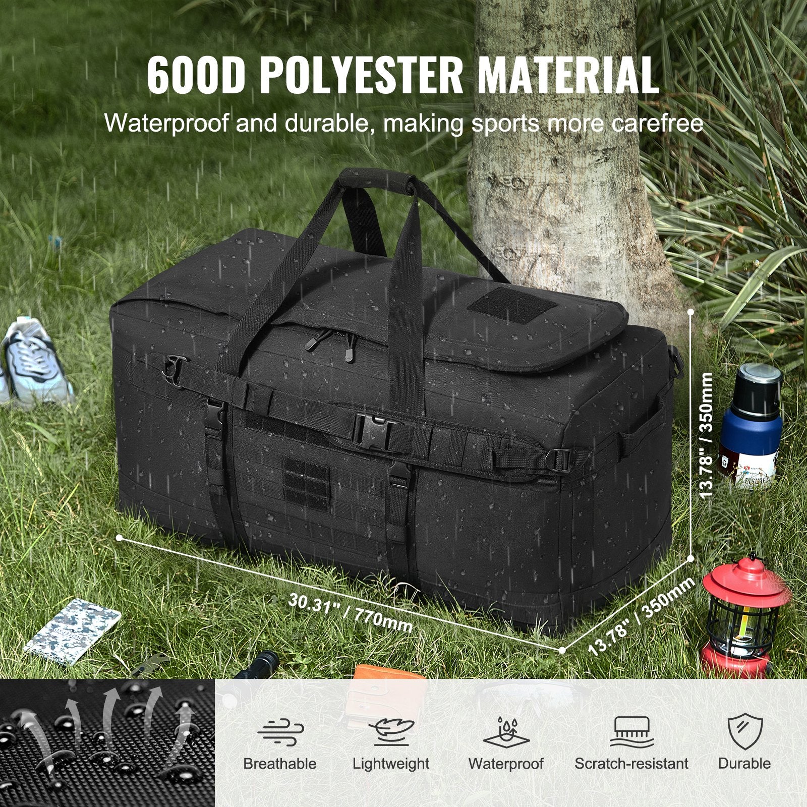 100L Tactical Duffle Bag with MOLLE System, Multi-Mesh Pockets for Gym, Travel, Fitness, Sports, Overnight Gear, Black, Waterproof & Durable