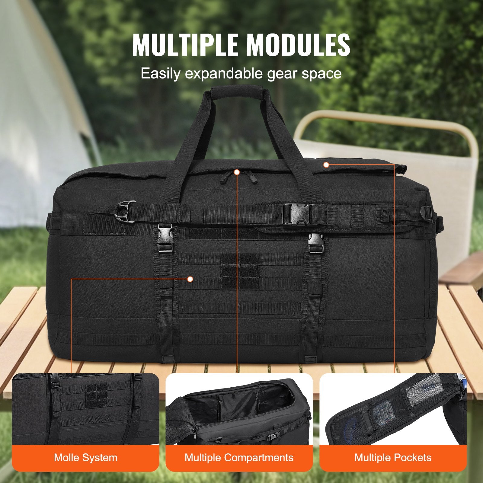 100L Tactical Duffle Bag with MOLLE System, Multi-Mesh Pockets for Gym, Travel, Fitness, Sports, Overnight Gear, Black, Waterproof & Durable