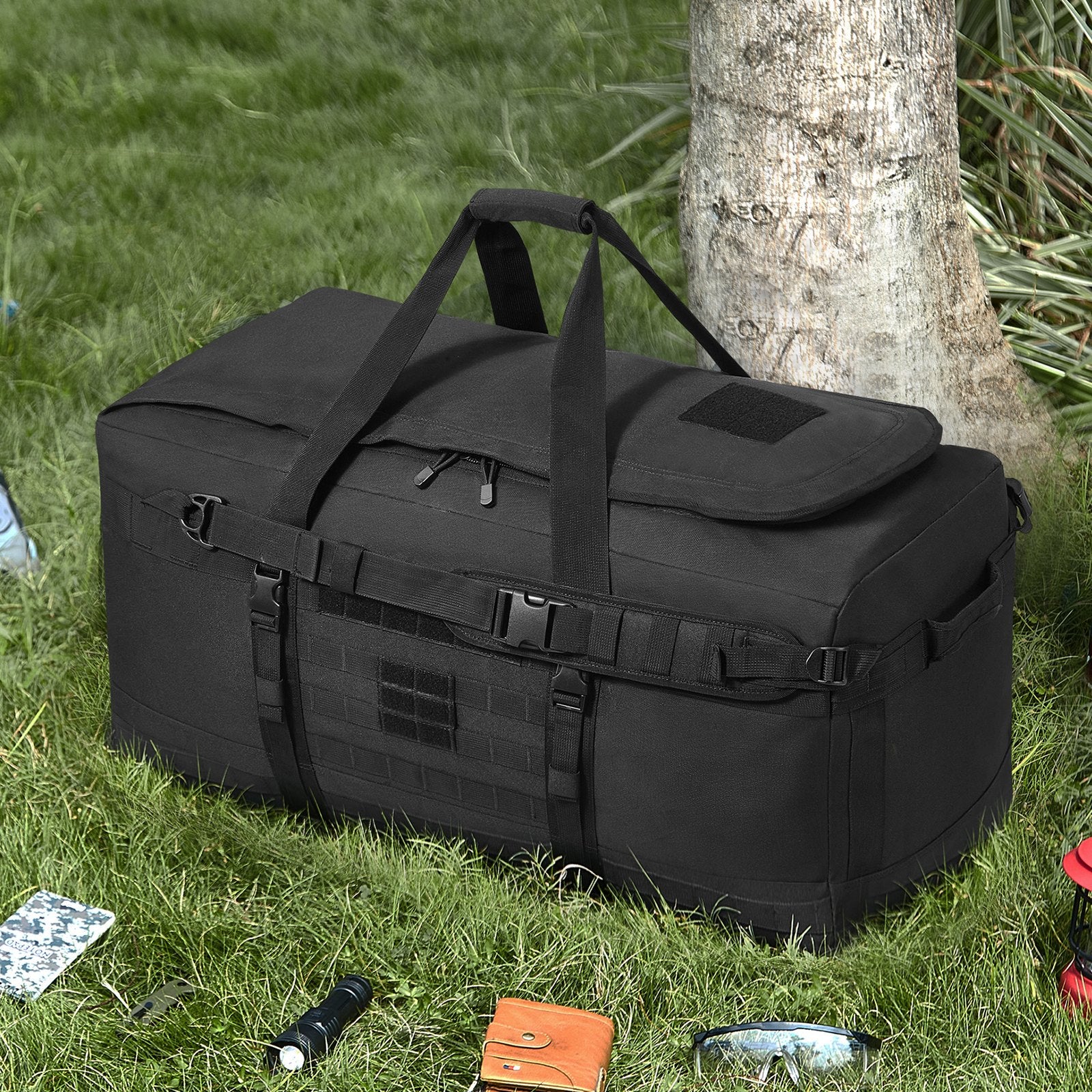100L Tactical Duffle Bag with MOLLE System, Multi-Mesh Pockets for Gym, Travel, Fitness, Sports, Overnight Gear, Black, Waterproof & Durable
