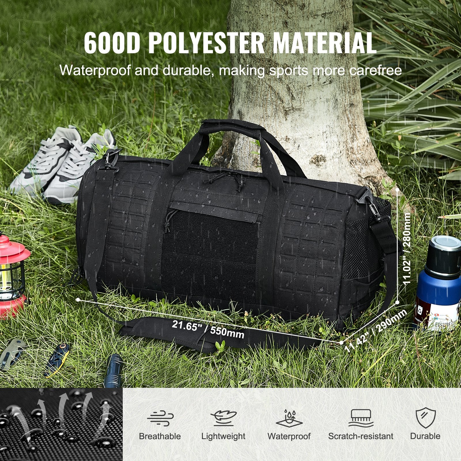45L Tactical Duffle Bag with Molle System, Shoe Compartment - Military-Grade Travel, Fitness, Gym, Overnight, Waterproof, Black