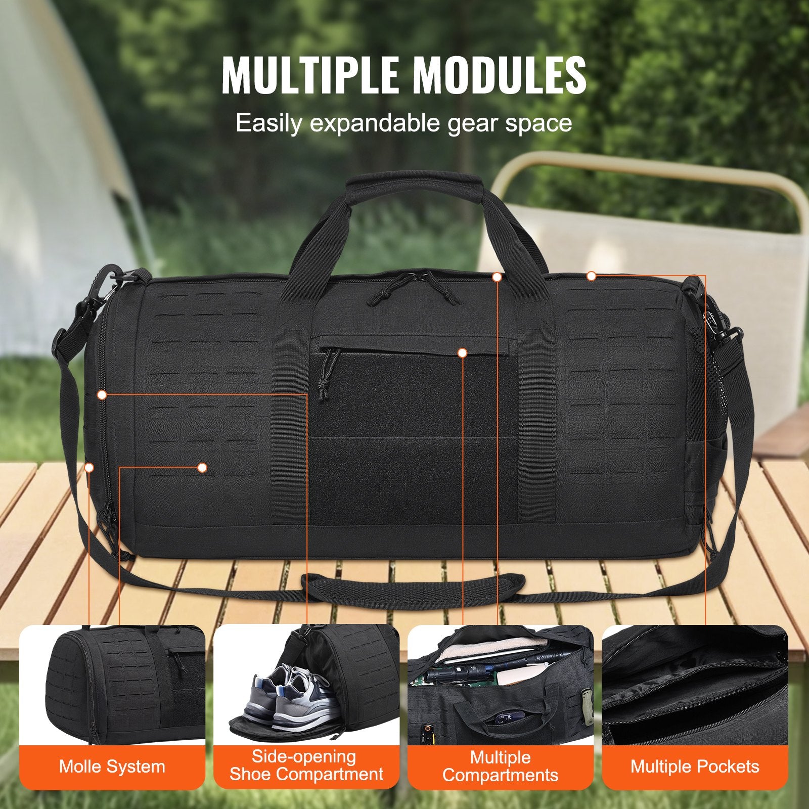 45L Tactical Duffle Bag with Molle System, Shoe Compartment - Military-Grade Travel, Fitness, Gym, Overnight, Waterproof, Black