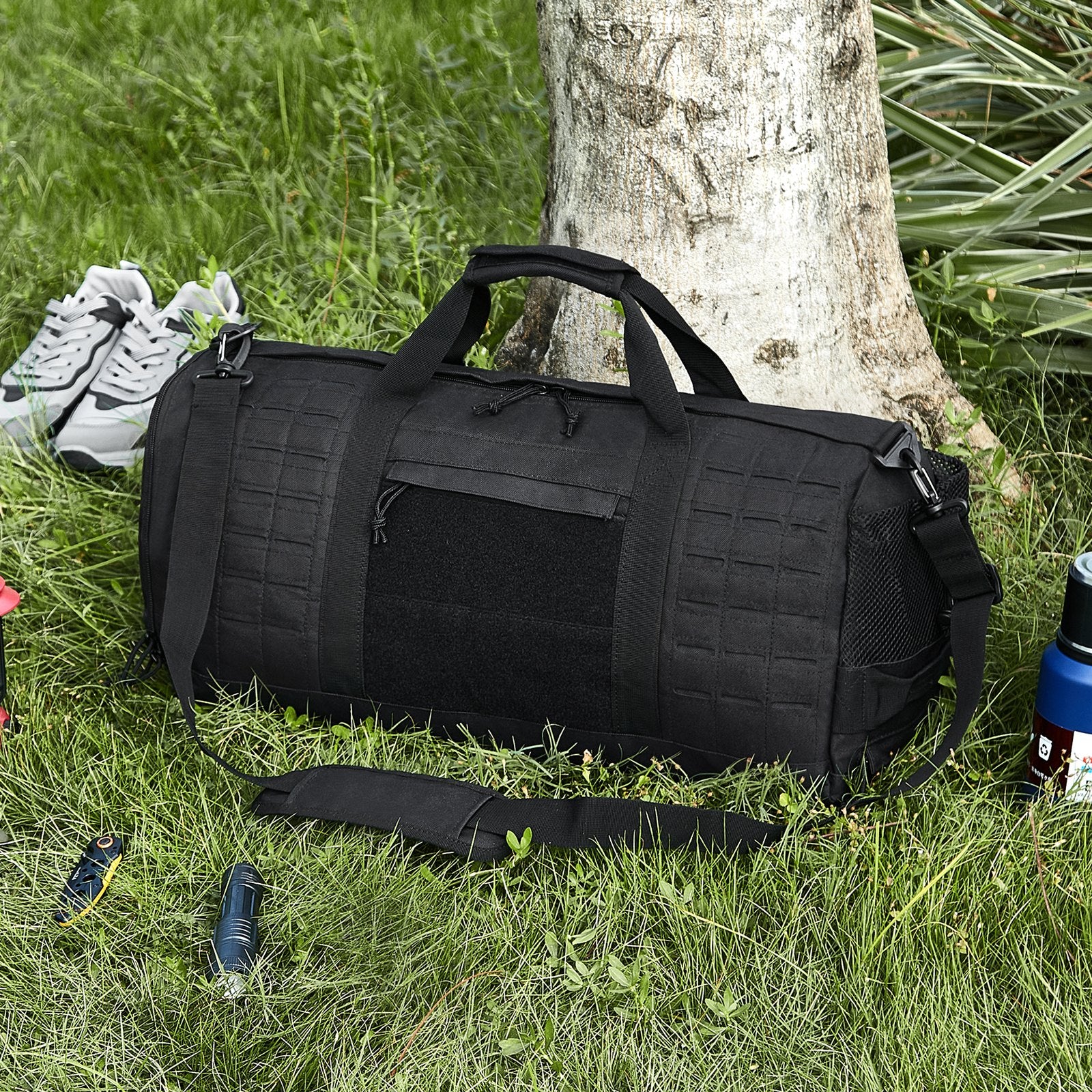 45L Tactical Duffle Bag with Molle System, Shoe Compartment - Military-Grade Travel, Fitness, Gym, Overnight, Waterproof, Black
