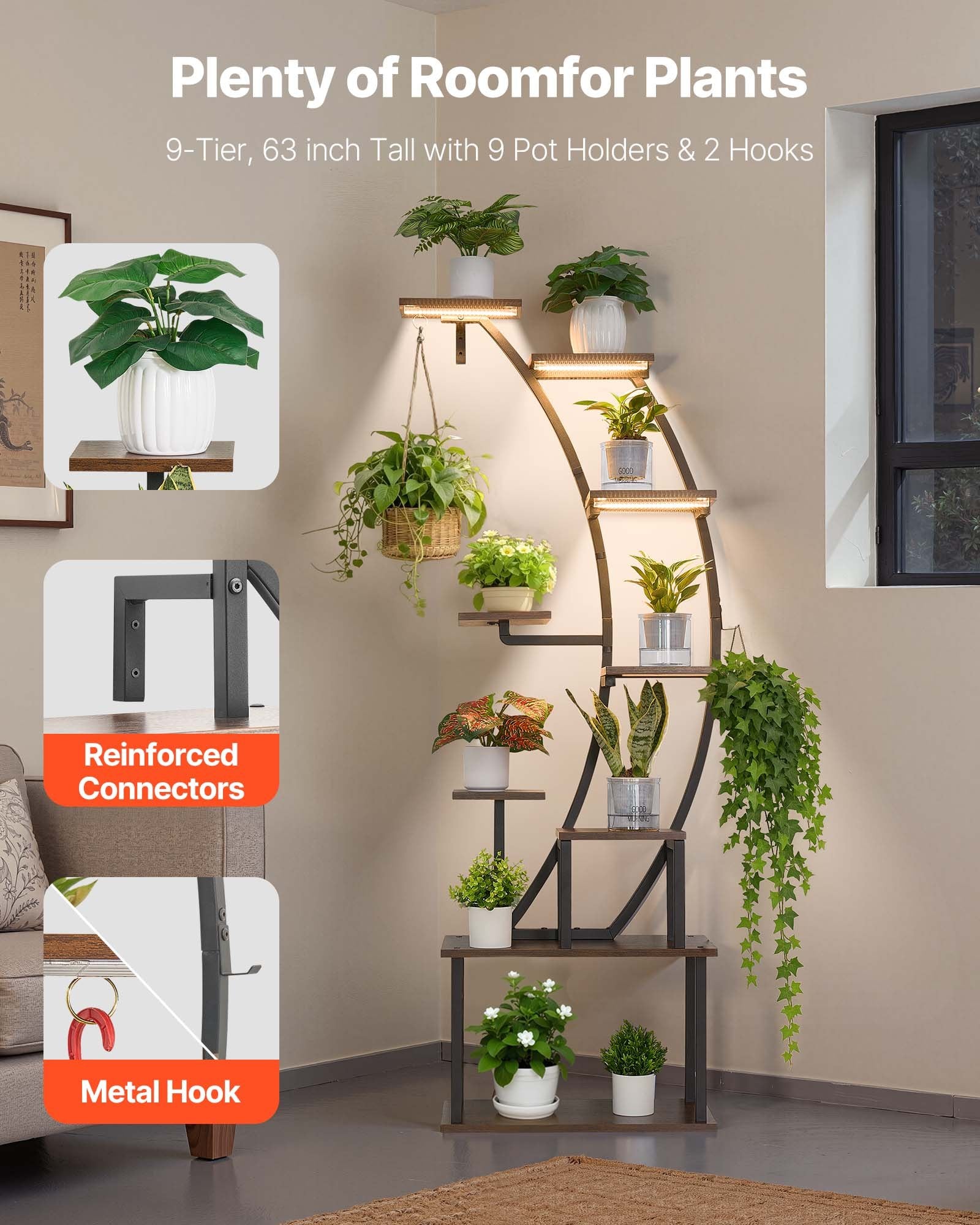 63-Inch 9-Tier Indoor Plant Stand with LED Grow Lights - Corner Metal Shelf, Adjustable Timer & Brightness for Living Room & Balcony Decor