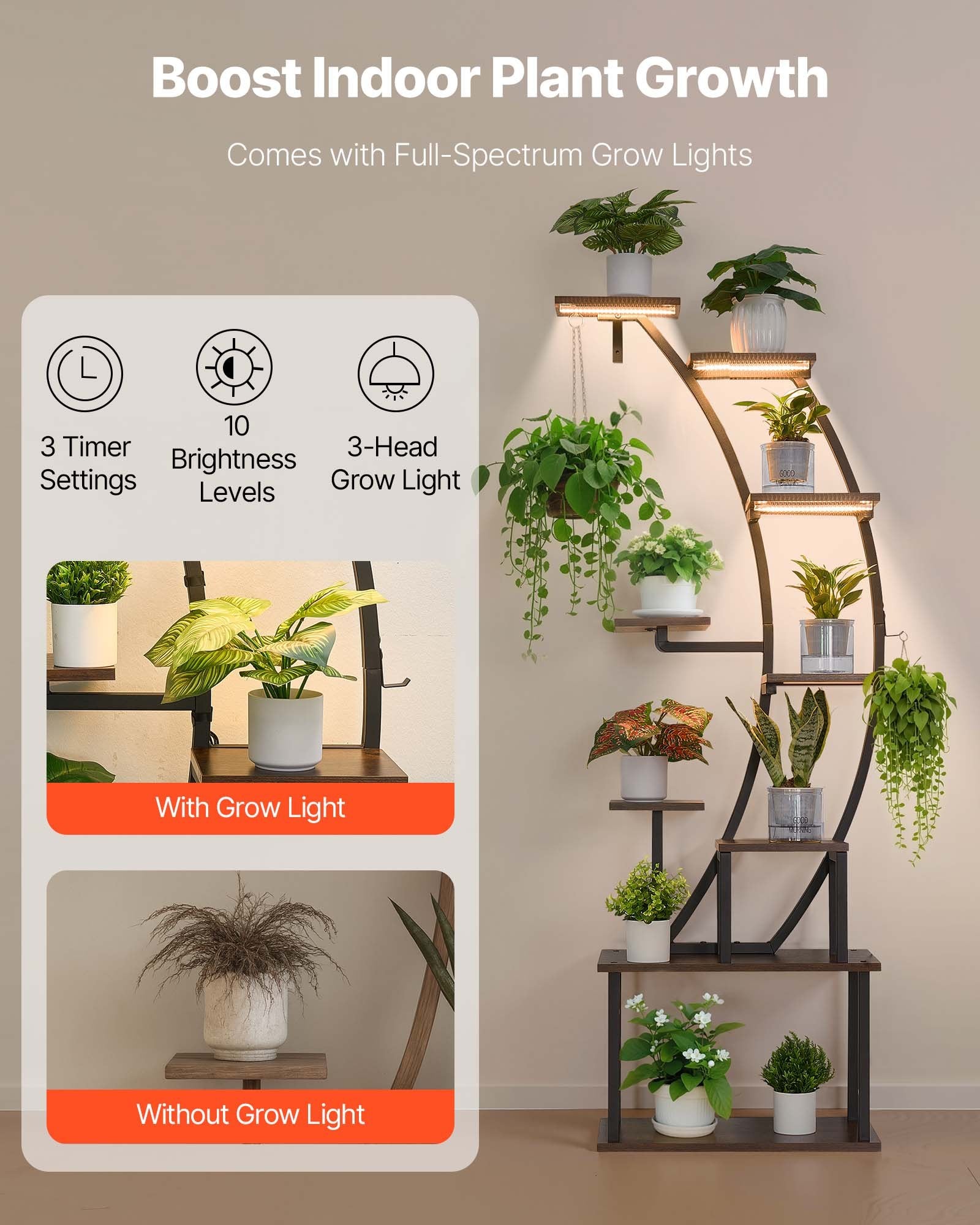 63-Inch 9-Tier Indoor Plant Stand with LED Grow Lights - Corner Metal Shelf, Adjustable Timer & Brightness for Living Room & Balcony Decor