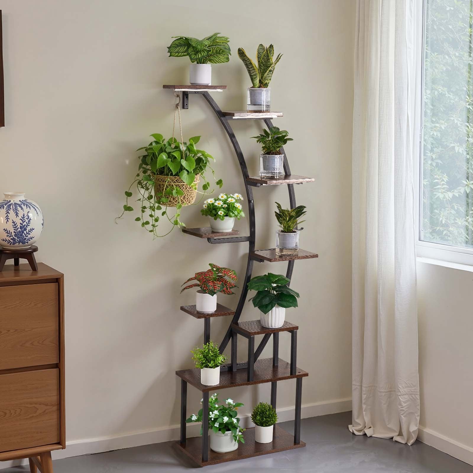 63-Inch 9-Tier Indoor Plant Stand with LED Grow Lights - Corner Metal Shelf, Adjustable Timer & Brightness for Living Room & Balcony Decor