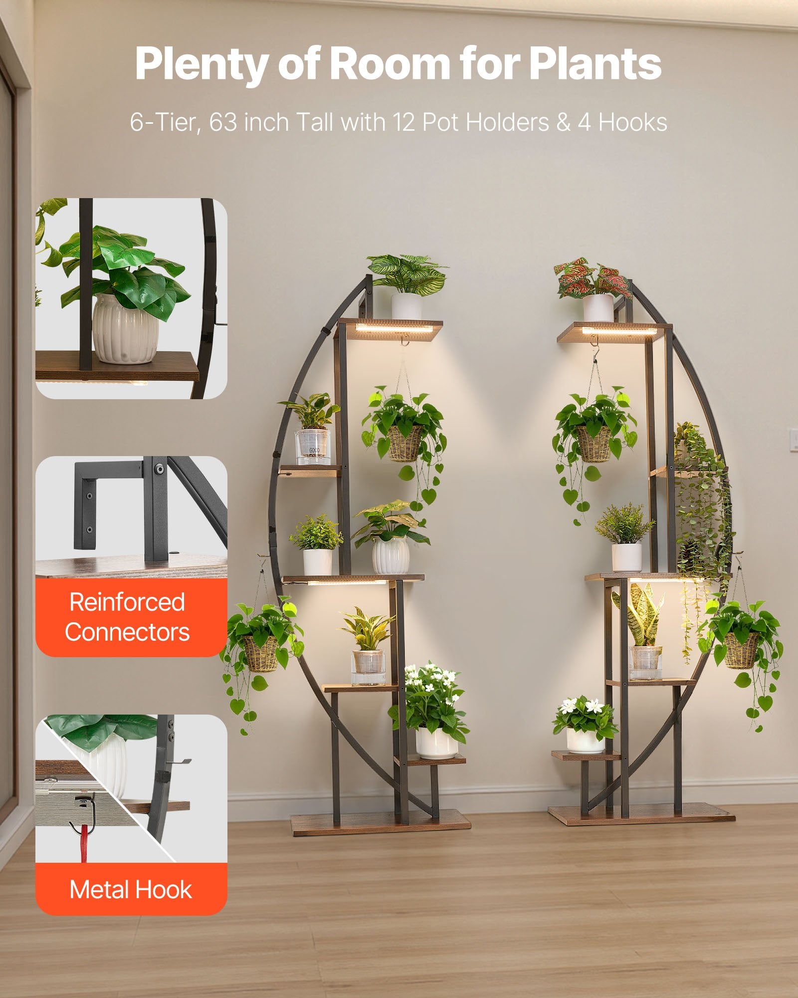 63" Indoor Plant Stand with LED Grow Lights, 6-Tier Metal Corner Shelf, Half-Moon Design, Adjustable Brightness & Timer for Living Room Decor