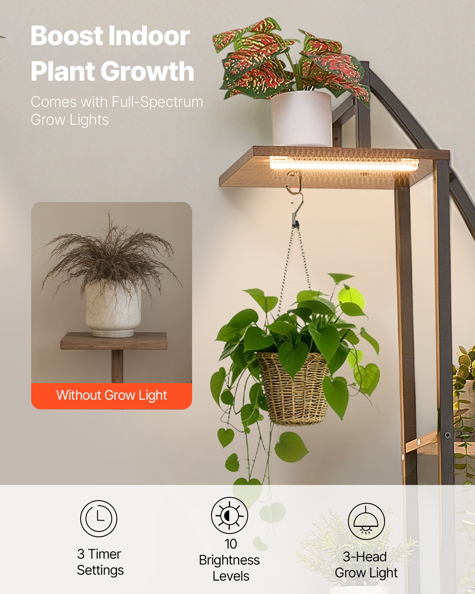 63" Indoor Plant Stand with LED Grow Lights, 6-Tier Metal Corner Shelf, Half-Moon Design, Adjustable Brightness & Timer for Living Room Decor