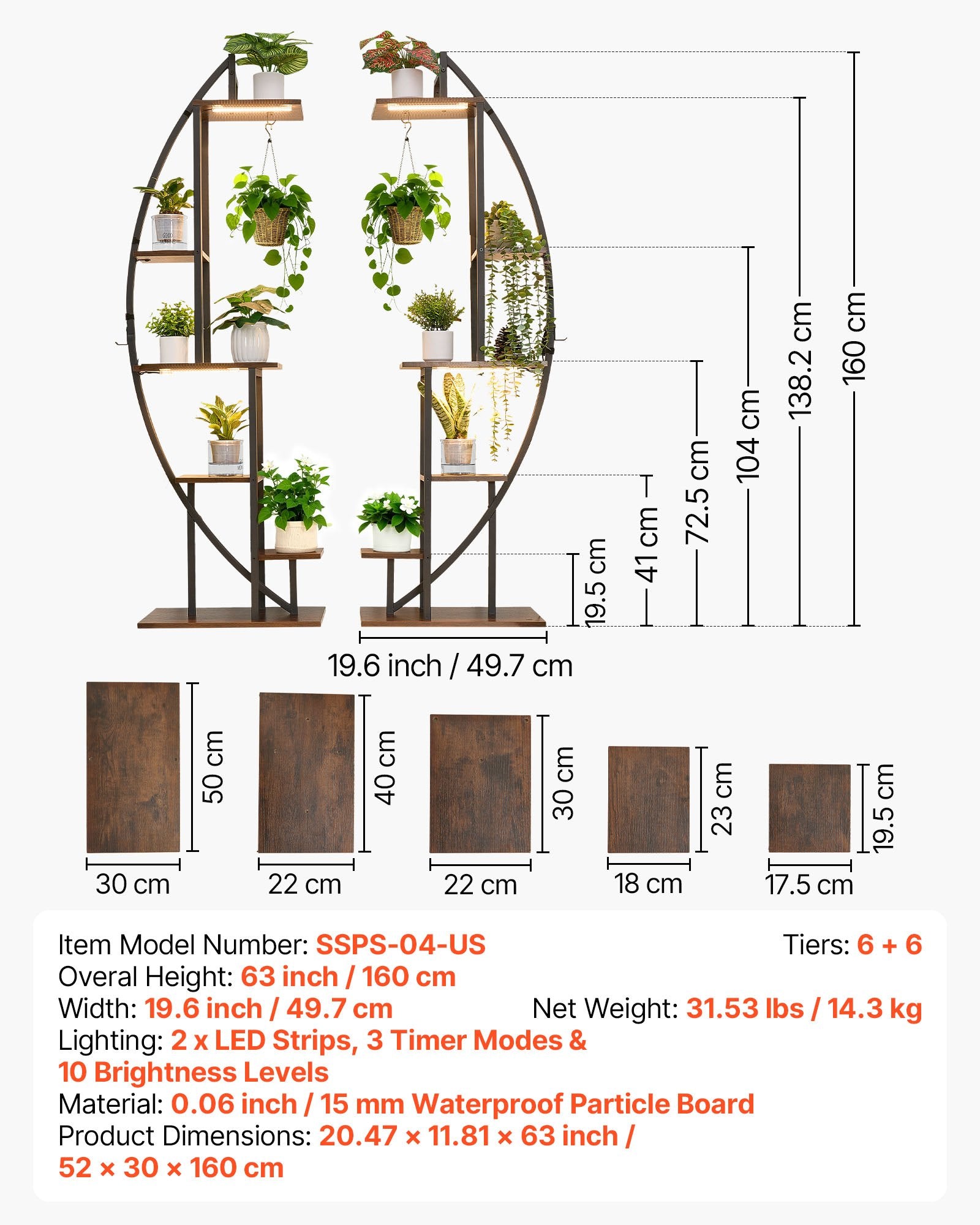 63" Indoor Plant Stand with LED Grow Lights, 6-Tier Metal Corner Shelf, Half-Moon Design, Adjustable Brightness & Timer for Living Room Decor