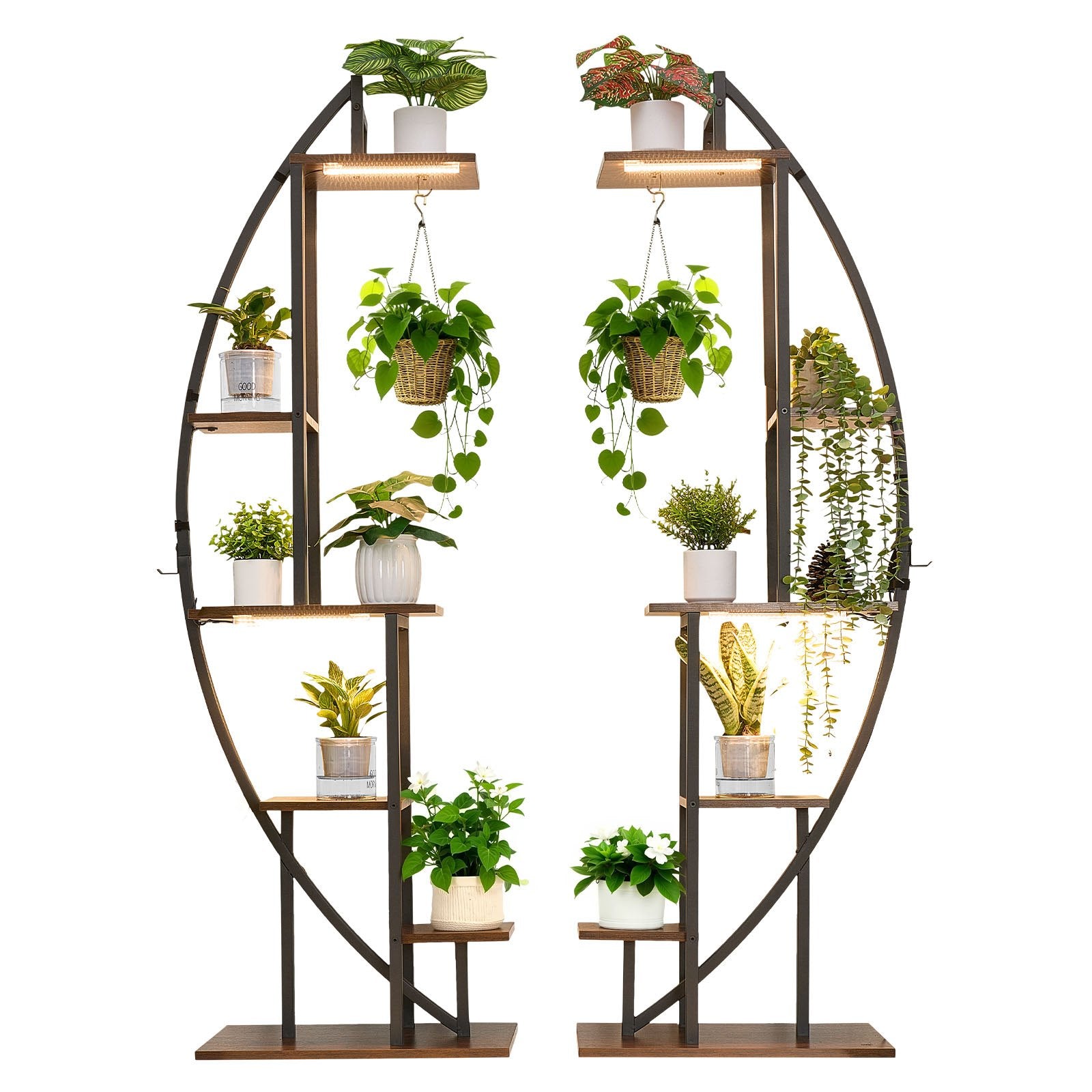 63" Indoor Plant Stand with LED Grow Lights, 6-Tier Metal Corner Shelf, Half-Moon Design, Adjustable Brightness & Timer for Living Room Decor