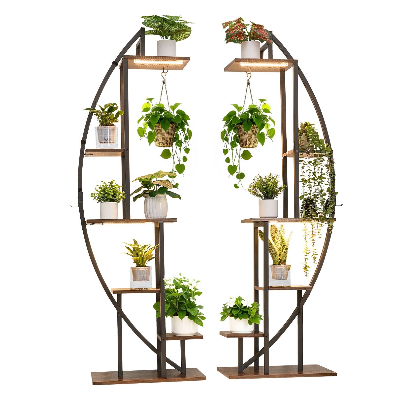 63" Indoor Plant Stand with LED Grow Lights, 6-Tier Metal Corner Shelf, Half-Moon Design, Adjustable Brightness & Timer for Living Room Decor
