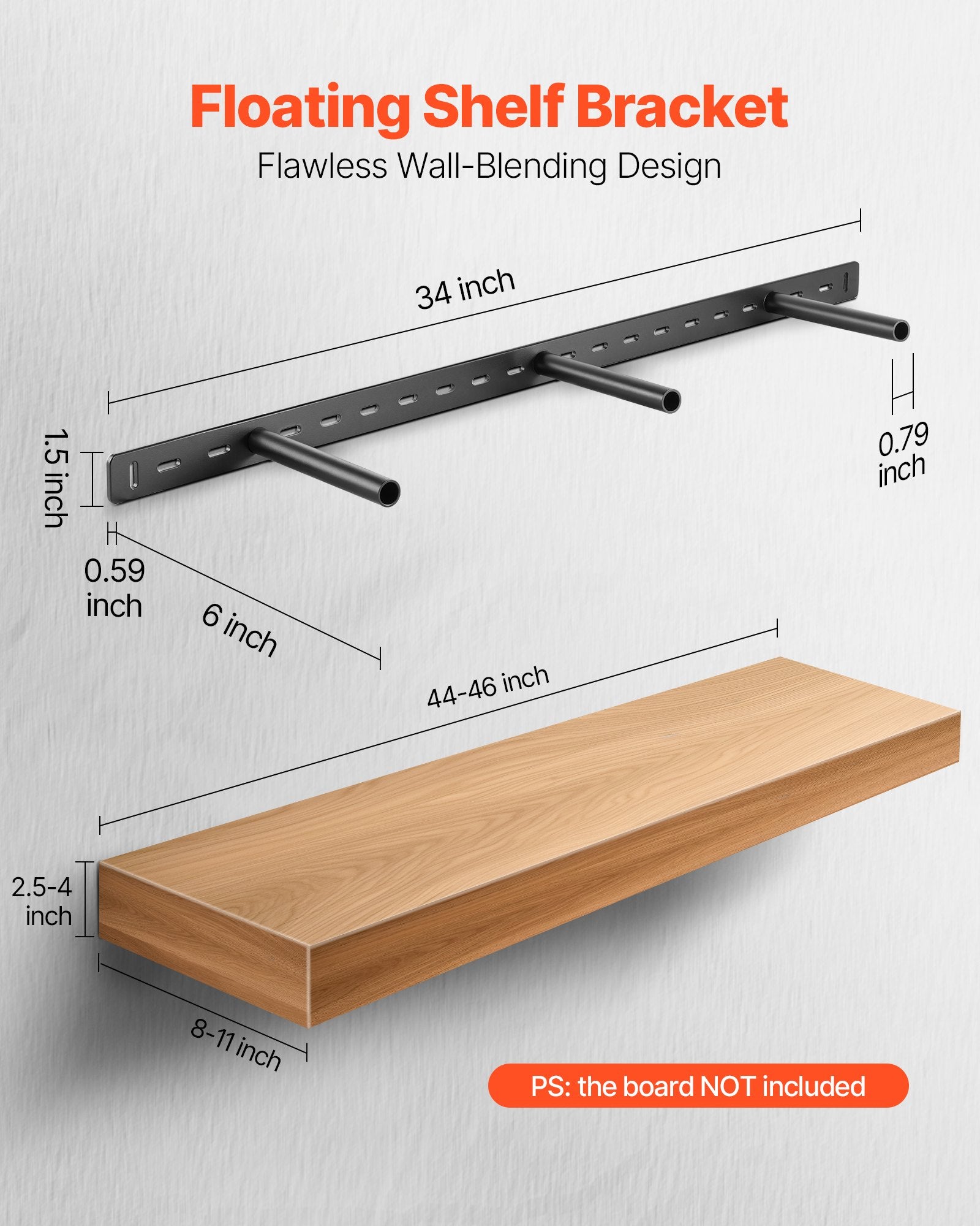 Heavy Duty Floating Shelf Bracket, Invisible Wall Mount for 190 lbs, 34 Inches, Steel Support for Hidden Shelves, Easy Install