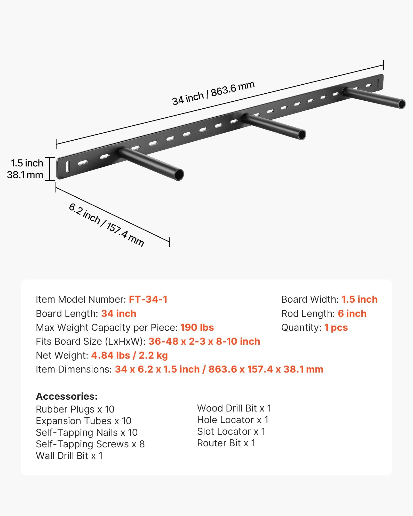 Heavy Duty Floating Shelf Bracket, Invisible Wall Mount for 190 lbs, 34 Inches, Steel Support for Hidden Shelves, Easy Install
