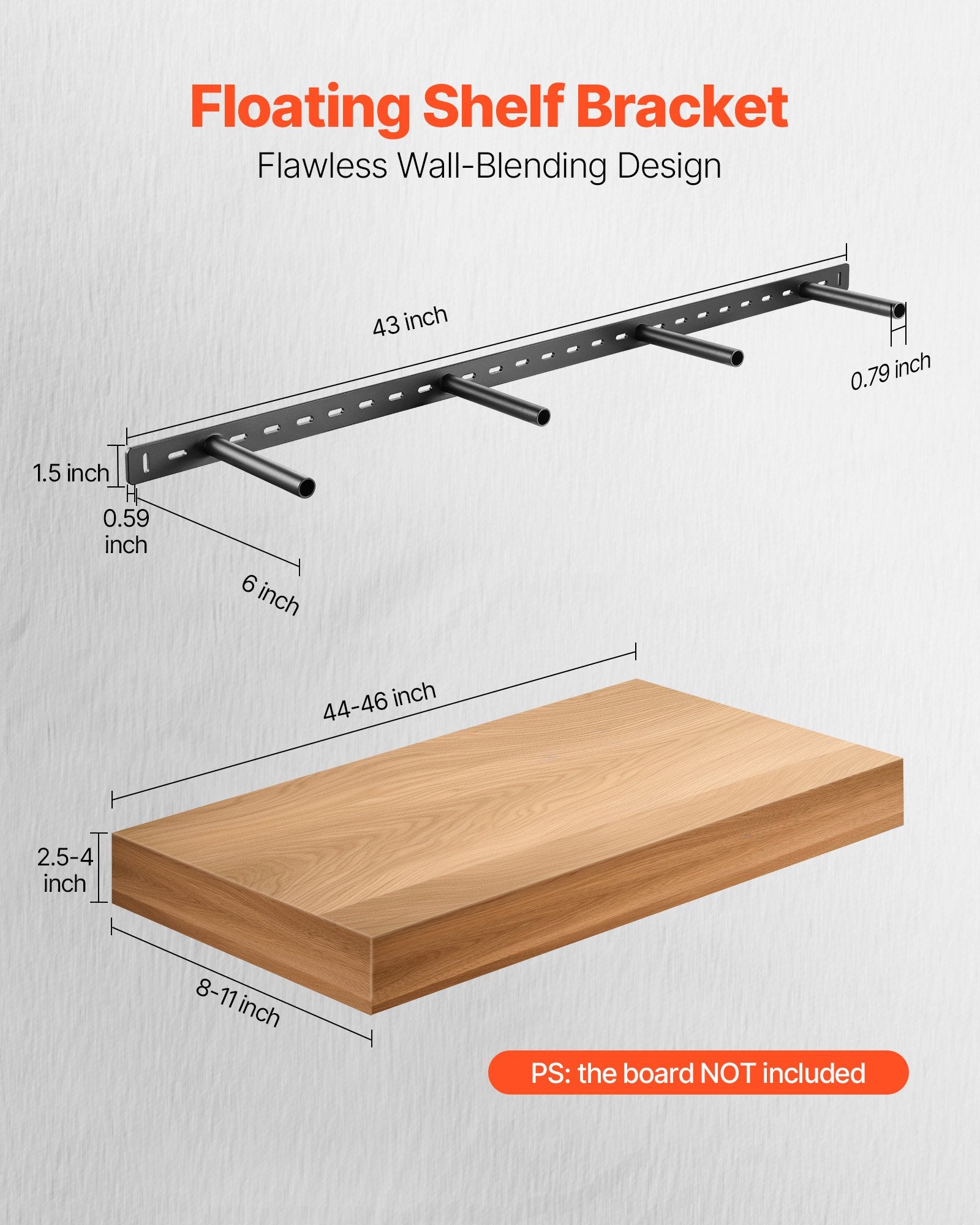 Heavy-Duty Invisible Floating Shelf Bracket, 230 lbs Capacity, 43x6.2x1.5 inch, Wall Mount Support for Hidden Shelves, Quick Install