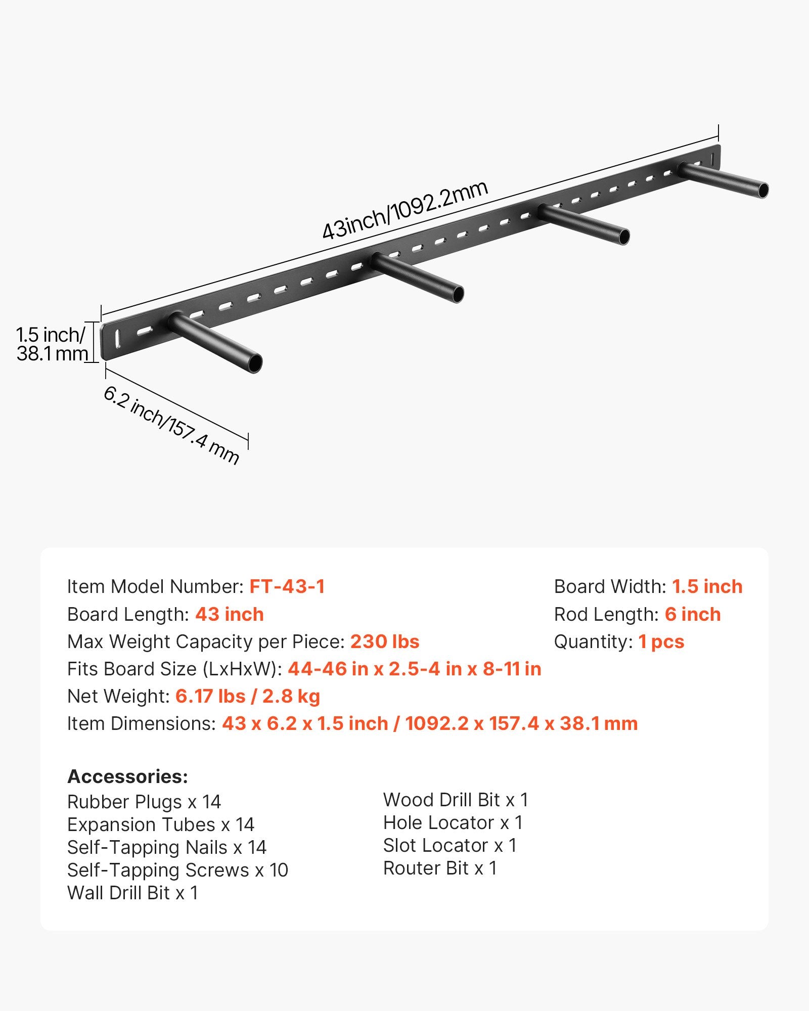 Heavy-Duty Invisible Floating Shelf Bracket, 230 lbs Capacity, 43x6.2x1.5 inch, Wall Mount Support for Hidden Shelves, Quick Install