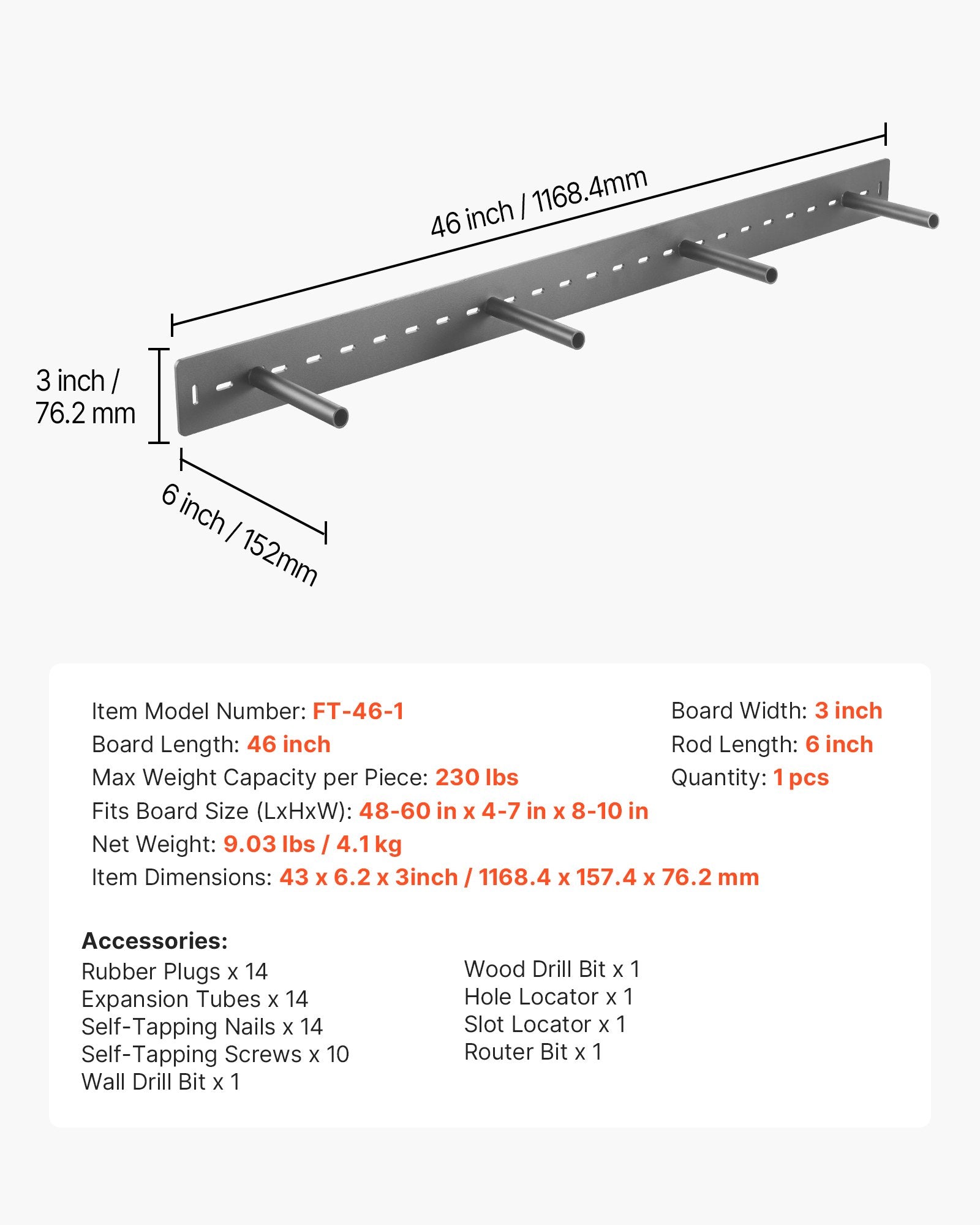 Heavy Duty Floating Shelf Bracket, 230 lbs Support, Invisible Wall Mount for 46 Inch Boards, Easy Installation, Steel Construction
