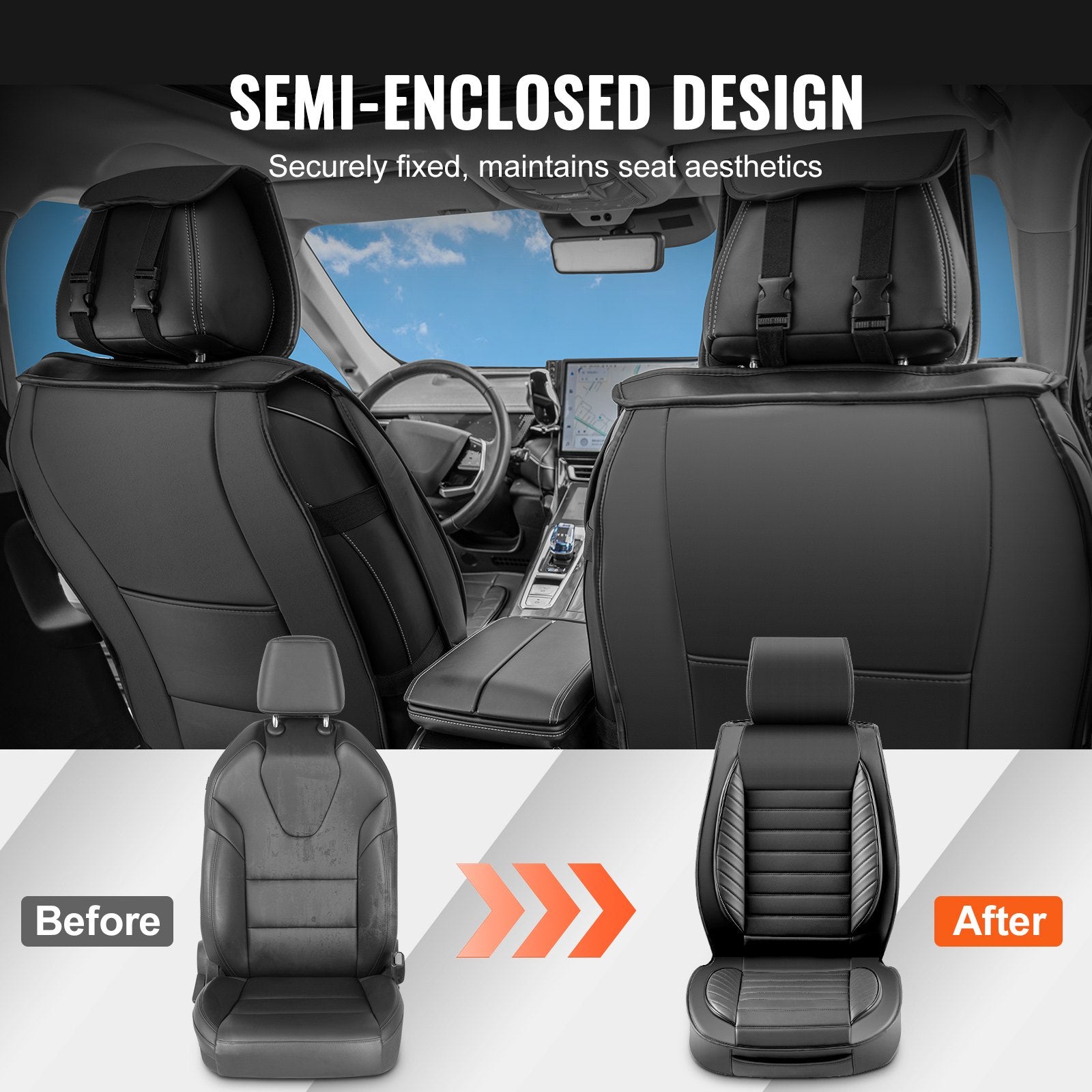 Universal Faux Leather Front Car Seat Covers, Black - Airbag Safe, Detachable Headrest, Easy Install, Fits Most SUVs & Trucks, Set of 2
