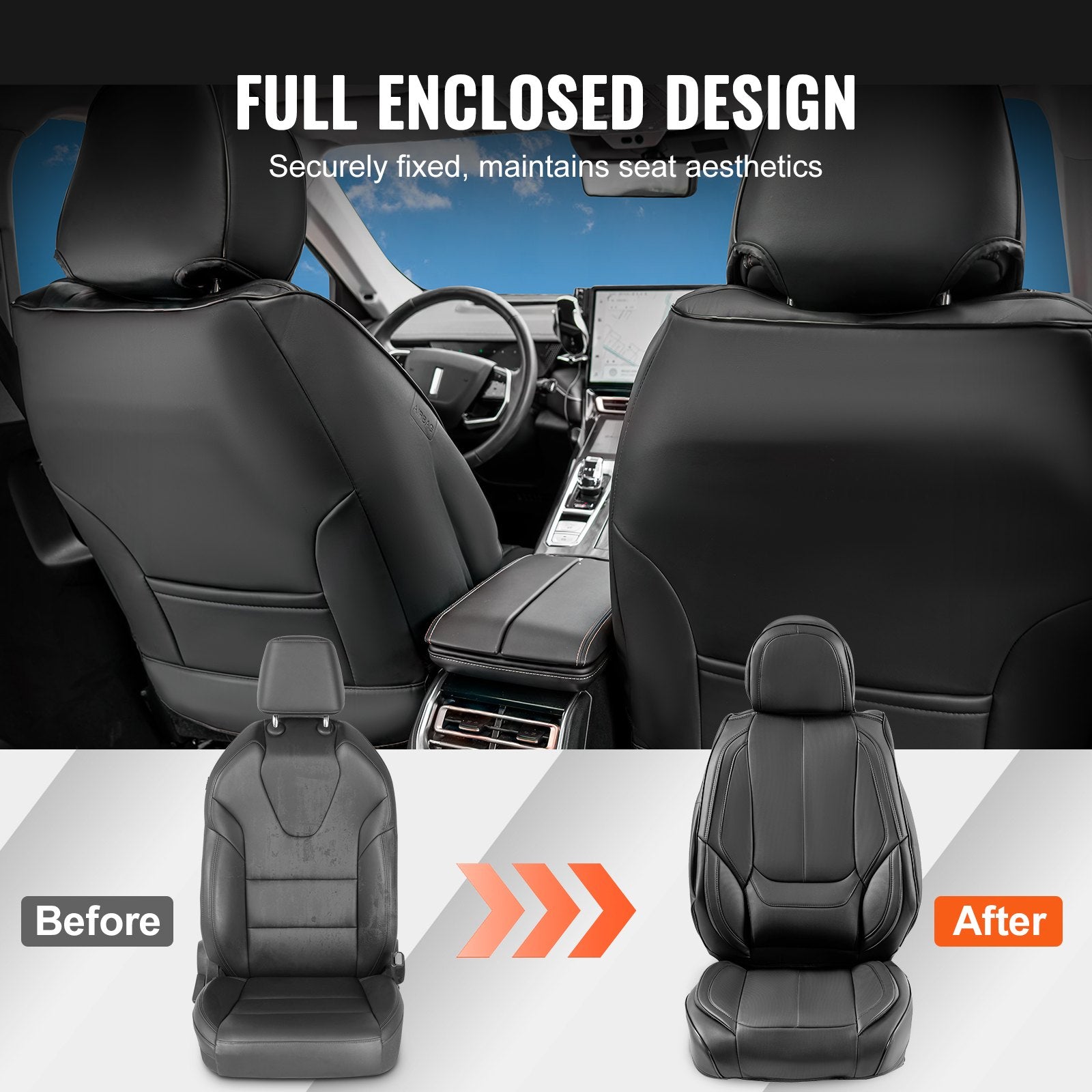 Universal Faux Leather Car Seat Covers - 6pcs, Full Enclosed, Detachable Headrest, Airbag Compatible, Fits Most Cars, SUVs, Trucks, Black