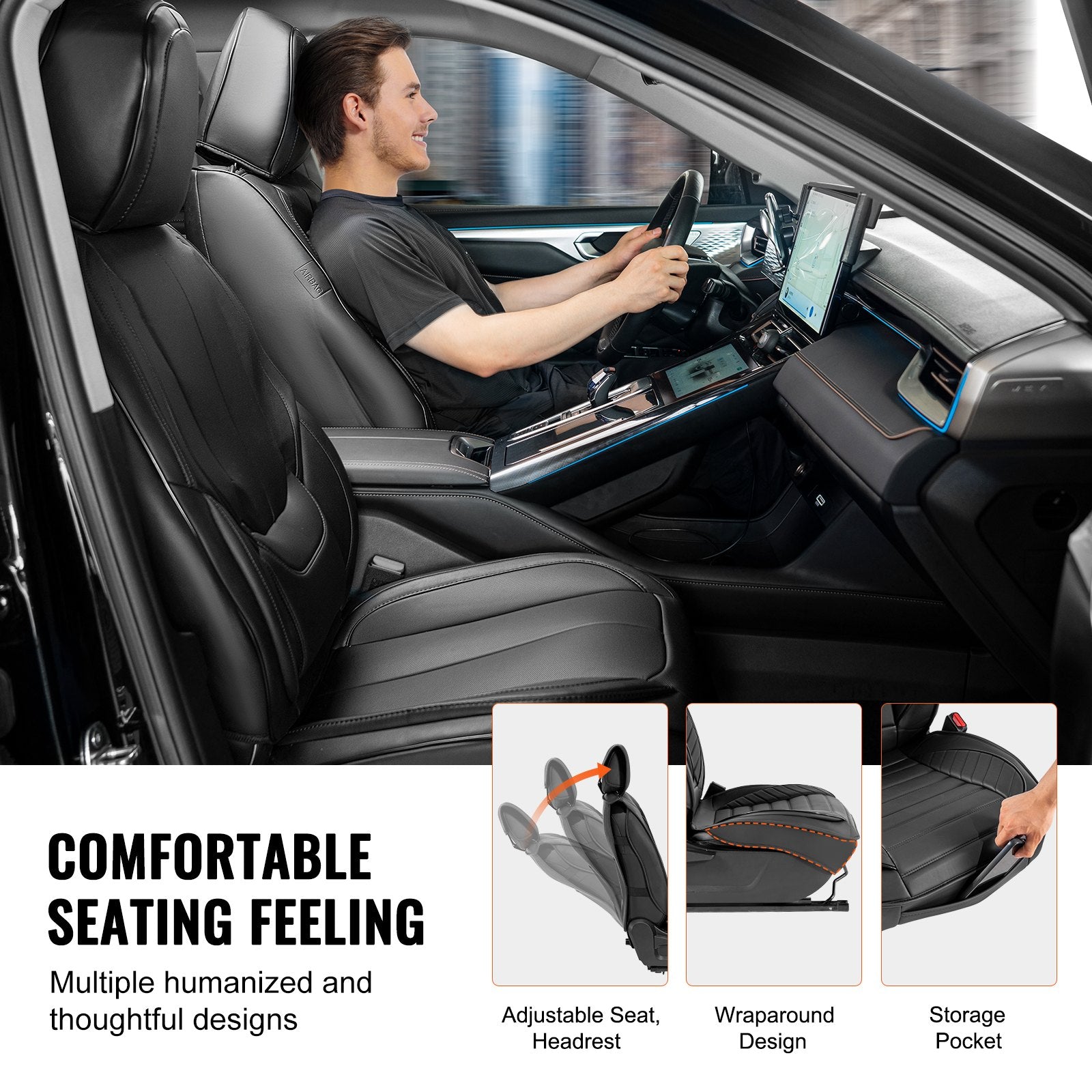 Universal Faux Leather Car Seat Covers - 6pcs, Full Enclosed, Detachable Headrest, Airbag Compatible, Fits Most Cars, SUVs, Trucks, Black